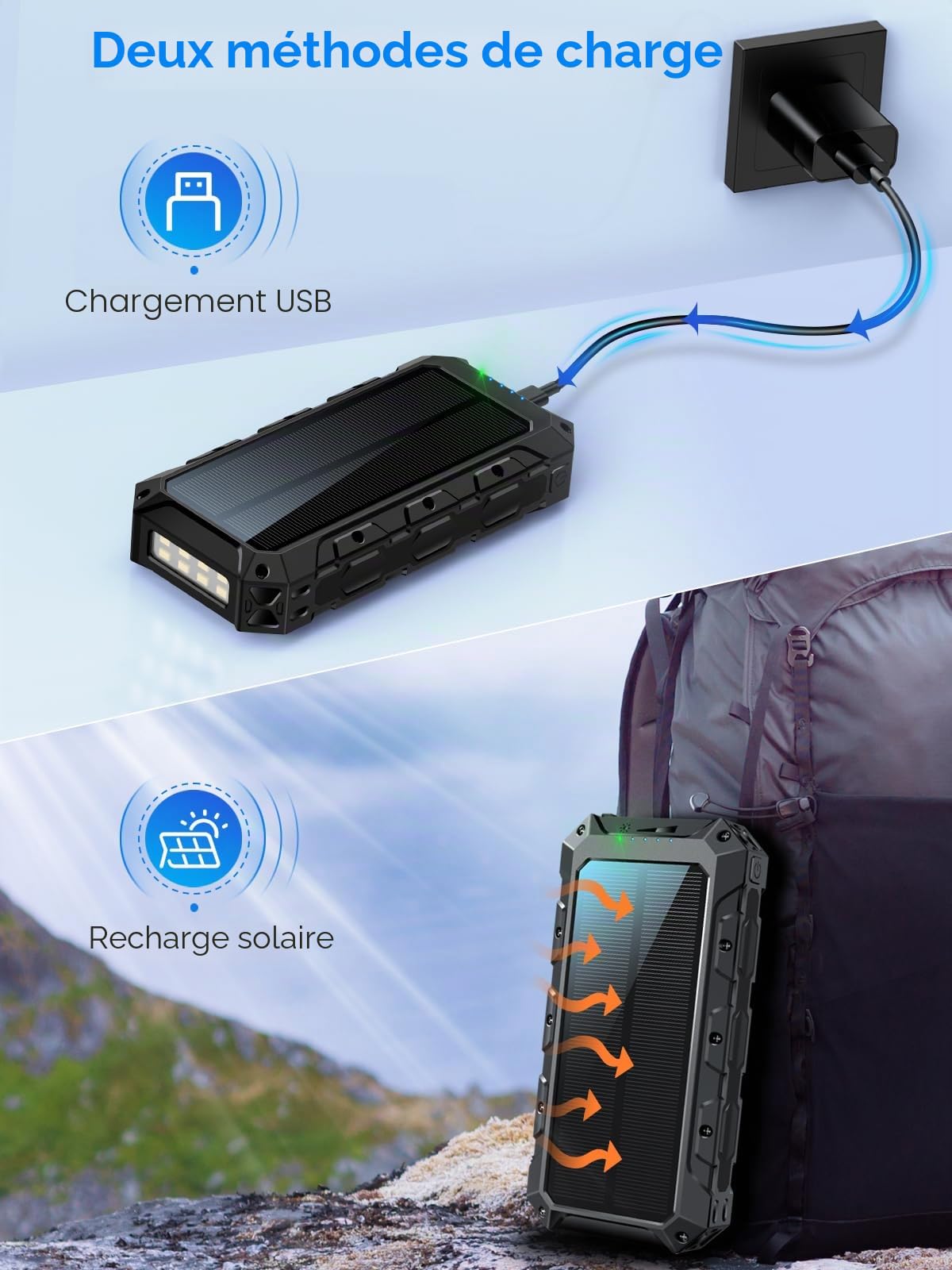 Power Bank, 49963 mAh, batterie solaire sans fil, chargeur rapide portable avec câble intégré, 7 sorties/2 entrées, avec lampe de poche/affichage LED pour smartphone