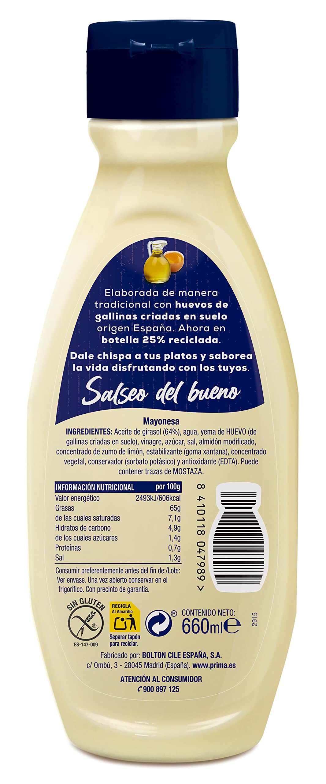 Prima Mayonesa receta tradicional con huevos 100% origen España. 660 ml