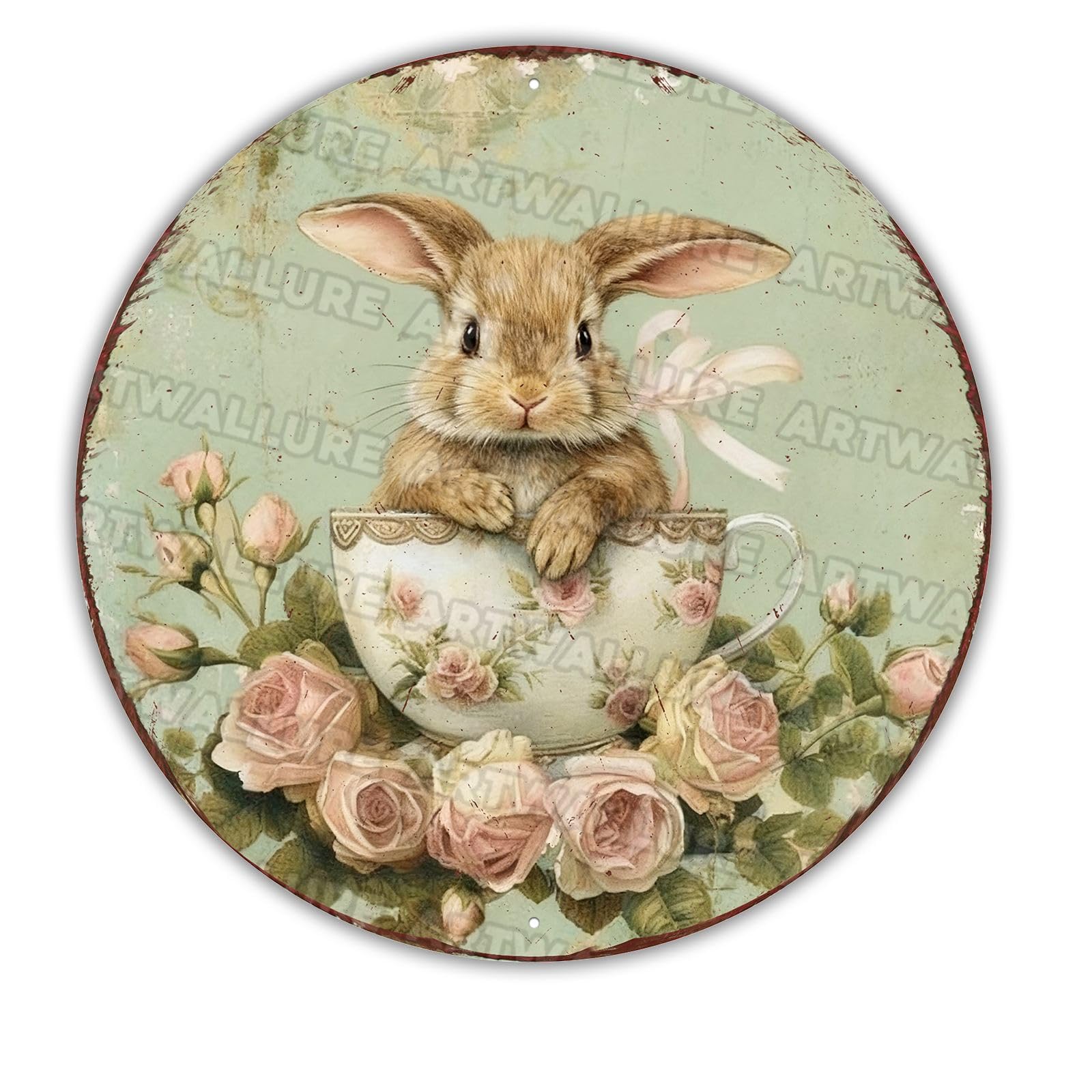 Vintage Rabbit Teacup Metal Sign Rustic Farmhouse Wall Art For Indoor Outdoor Home Cafe Garage Easter Spring Decor 12x12Inch