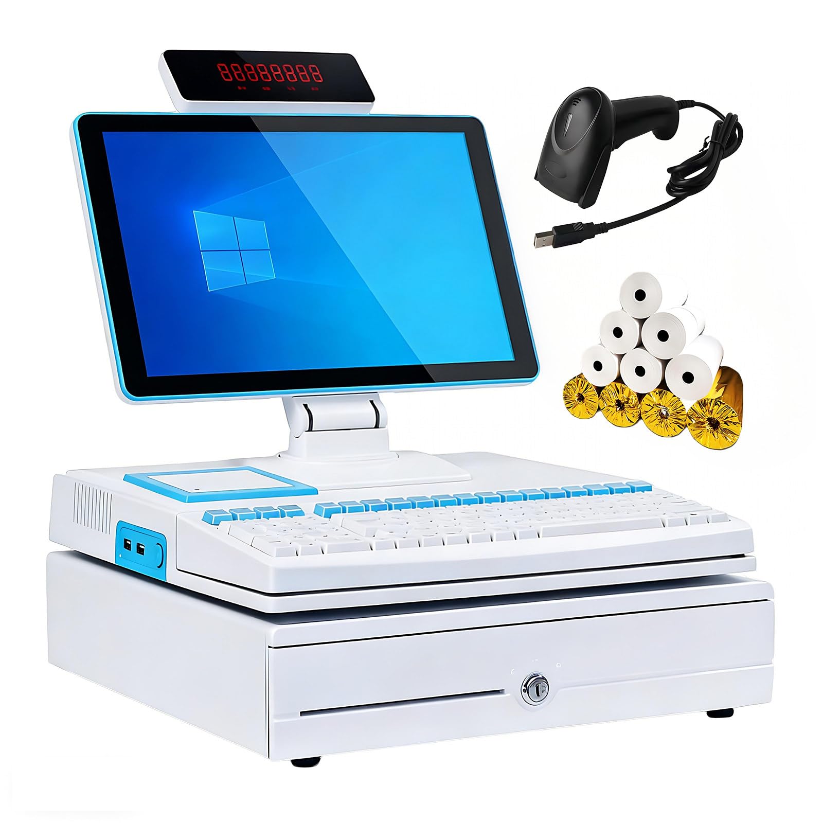 Caja Registradora Con Pantalla Táctil 15,6" Simple/Doble – Tpv Con Core I5, 8+128 GB,Impresora 58 Mm Integrada,Pack Completo: Teclado,Cajón, Lector Códigos,10 Rollos Papel White-SingleScreen