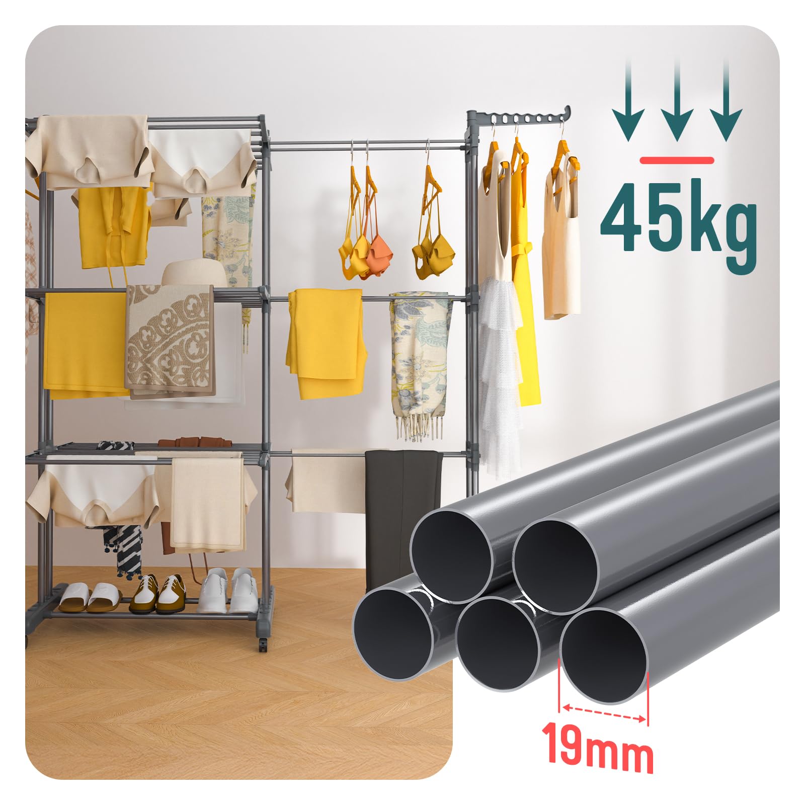 VOUNOT® Stendino Verticale Allungabile a 4 Livelli 190x64x170 cm, Stendibiancheria Grande Capacità Pieghevole con Ruote e Ali Laterali Multifunzionali, per Interno ed Esterno, Grigio