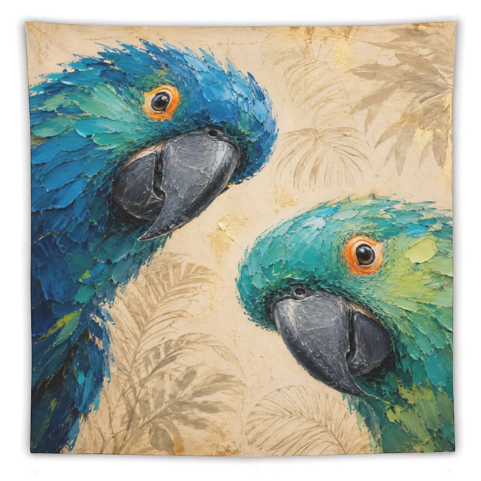 H3B8U2Y5 Tropical Blue Parrots Wall Tapestry, Detailed Illustration, Bed