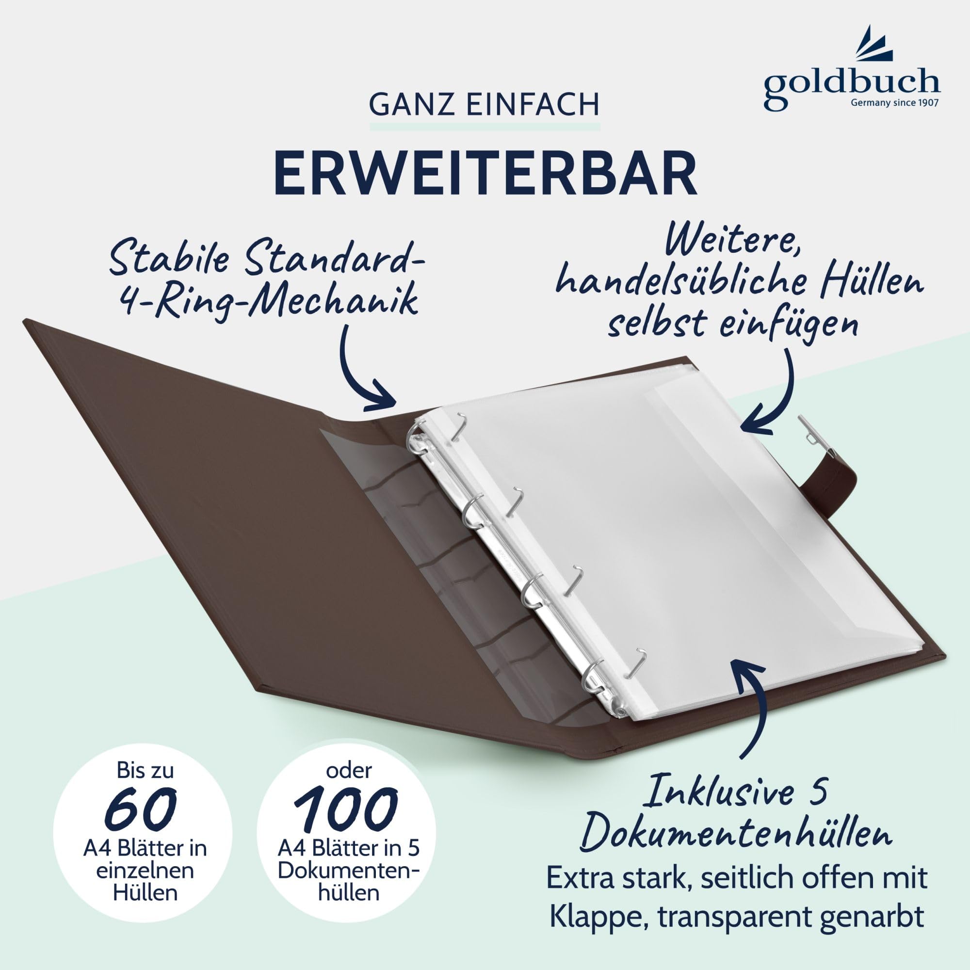 Dokumentenmappe Cezanne schwarzbraun | Ordnungsmappe A4 mit 4-Ring-Mechanik, Schloss & 5 Sichthüllen, erweiterbare Ringmappe mit Kunstleder-Einband Schwarz-Braun