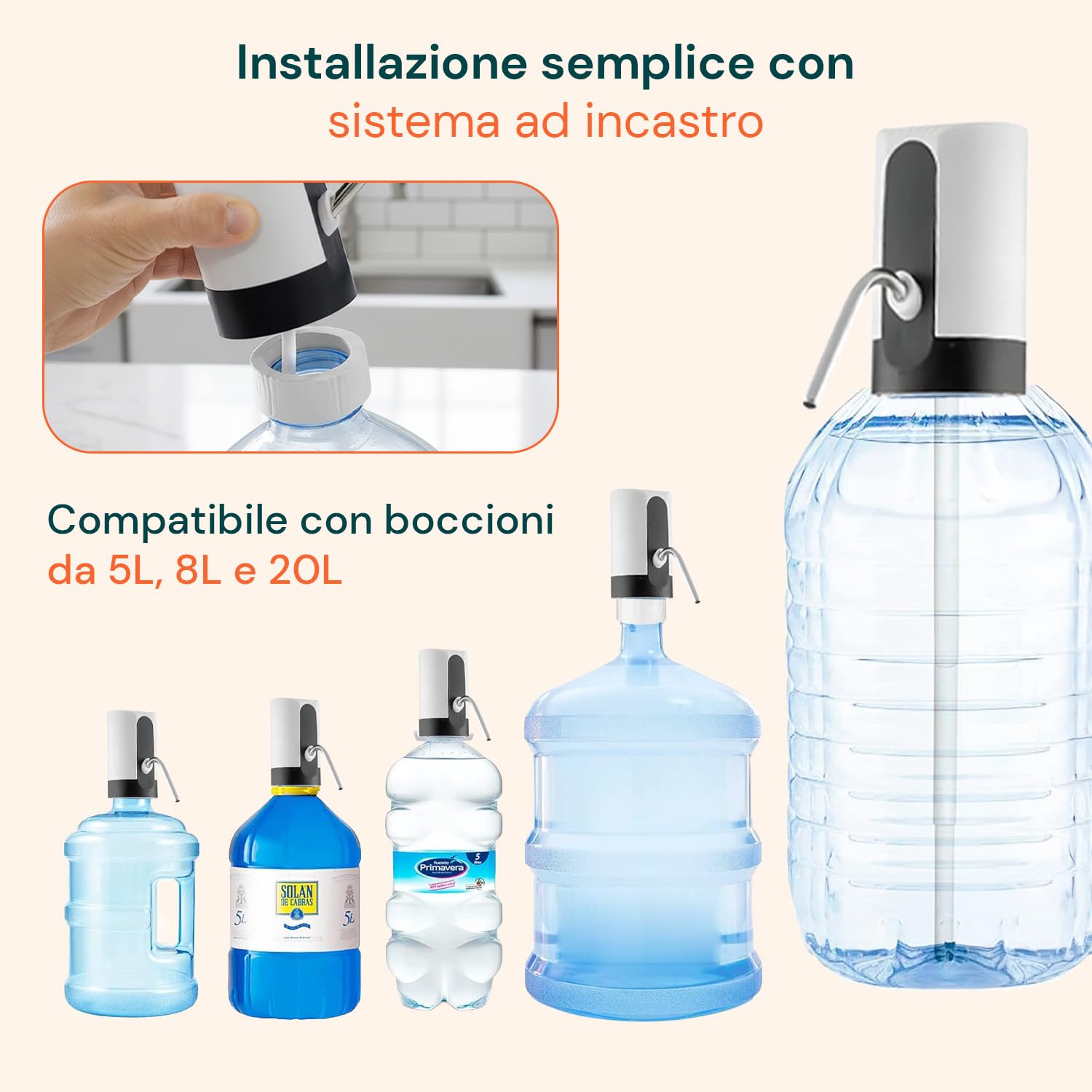Avilia Dispenser Acqua Elettrico Pompa USB per Boccioni 5L 8L 20L Erogatore Automatico Beccuccio Inox Tubo Silicone Alimentare