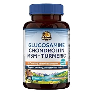 Vitalitown Glucosamine Chondroitin MSM, Turmeric, Collagen, Hyaluronic Acid, Boswellia, Quercetin, 11-in-1 Formula, Glucosamine Sulfate 1500 mg, No Shellfish, Flexibility & Comfort, 180 Caps