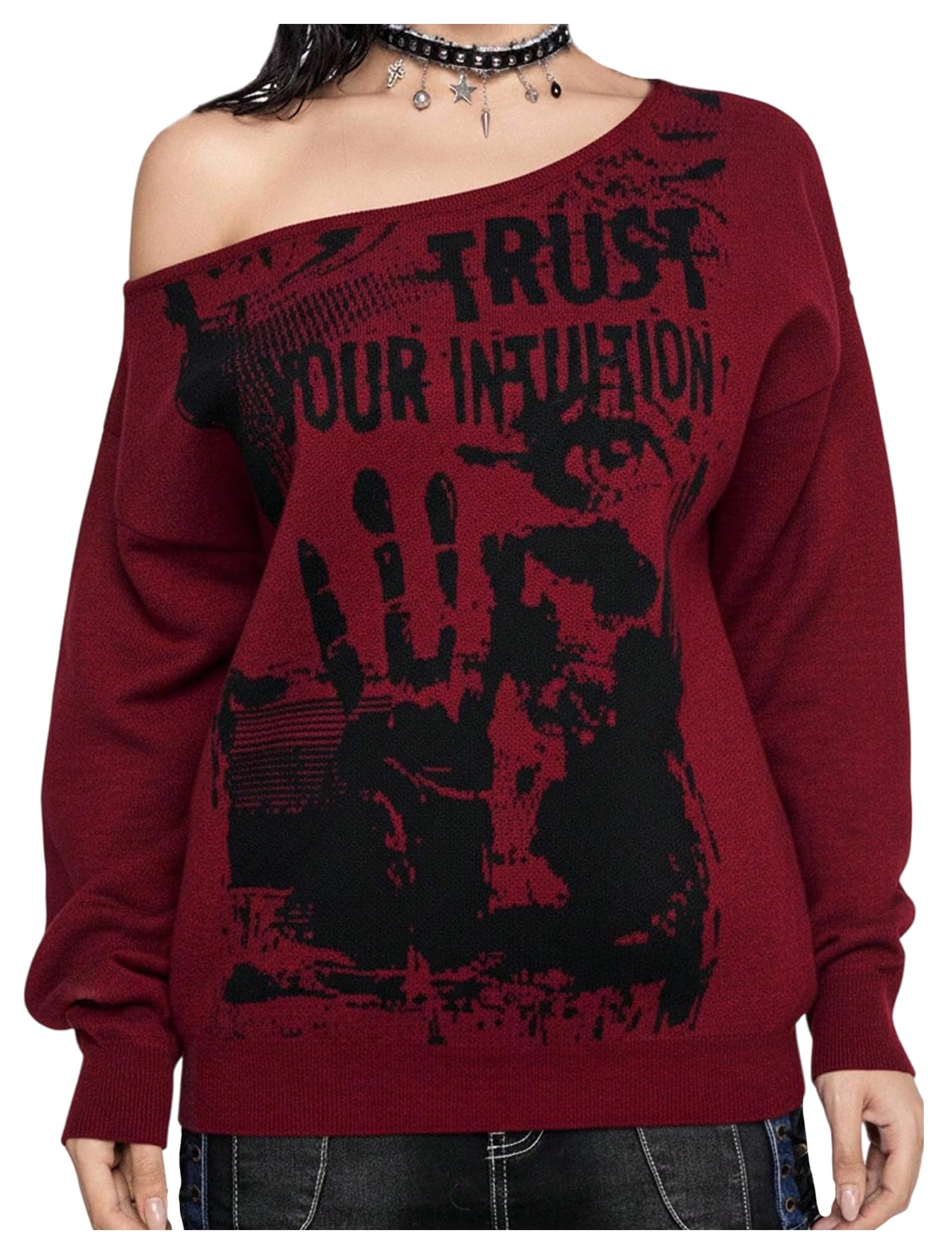 Milumia Womens Punk Goth Sweater Off The Shoulder Long Sleeve Oversized Pullover Tops