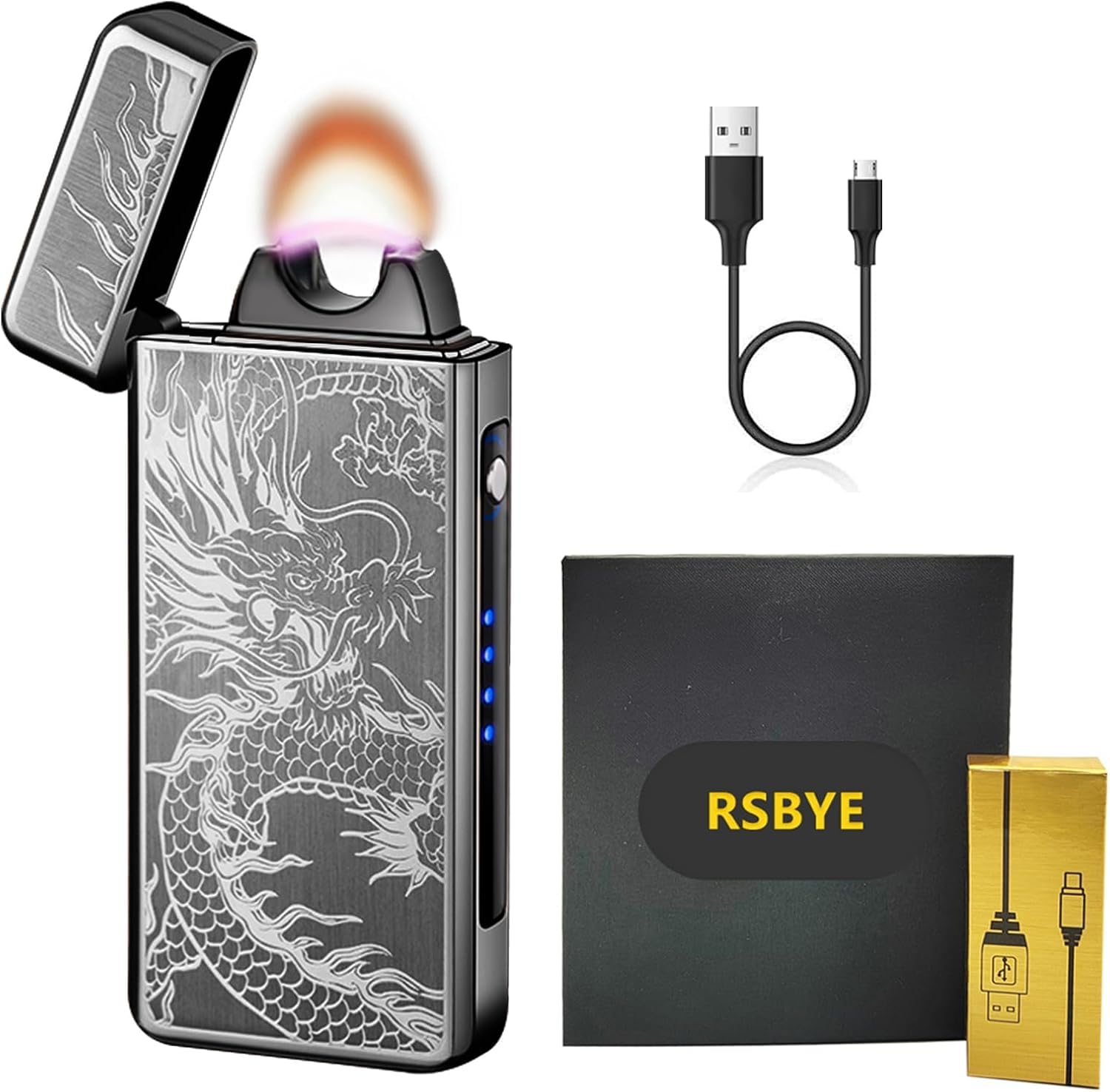 RSBYE Electric Lighter Flame, Windproof Lighter Plasma-Flame Arc Lighters Rechargeable USB Flame Lighters with Battery Indicator (Black Dragon)