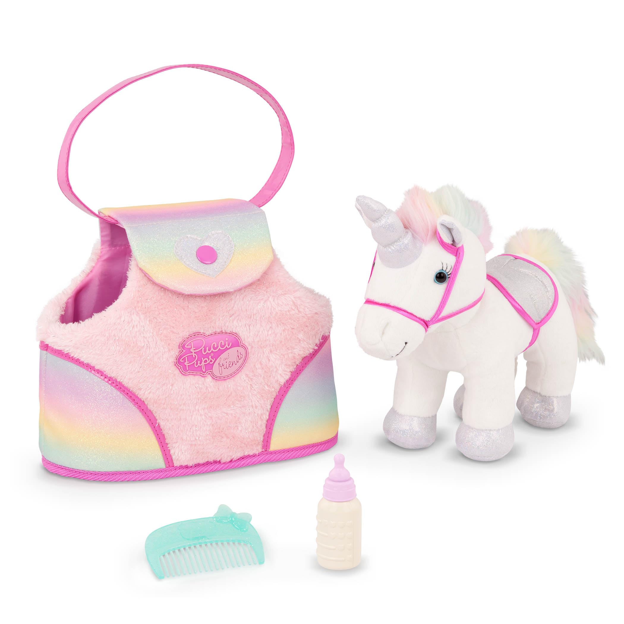 Pucci Pups – Plush Pet– Dog Carrier – Toy Unicorn – Rainbow Bag & Sparkly Comb – Stuffed Animal – 3+ Years