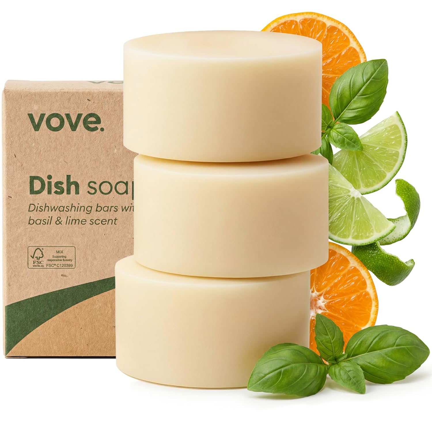 Vove Dish Soap Bar 3 Pack Coastal Citrus Mint Mandarin Spearmint Cypress Bergamot Oils Coconut Cleanser Plant-Based Solid