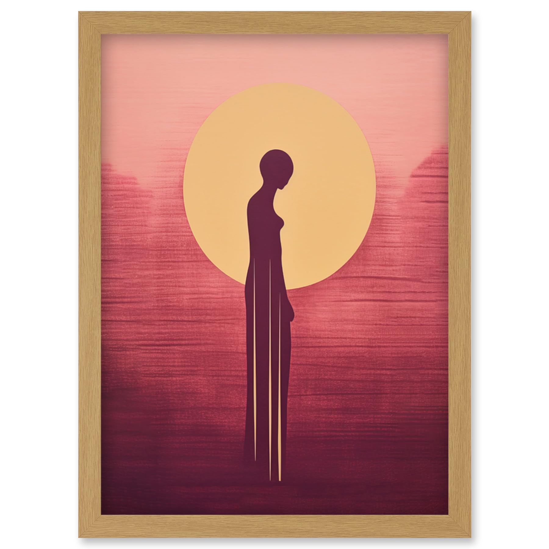 Artery8 Sunrise Solitude Minimalist Artwork Plum Pink Gold African Woman Silhouette in Golden Sun Halo Artwork Framed Wall Art Print A4