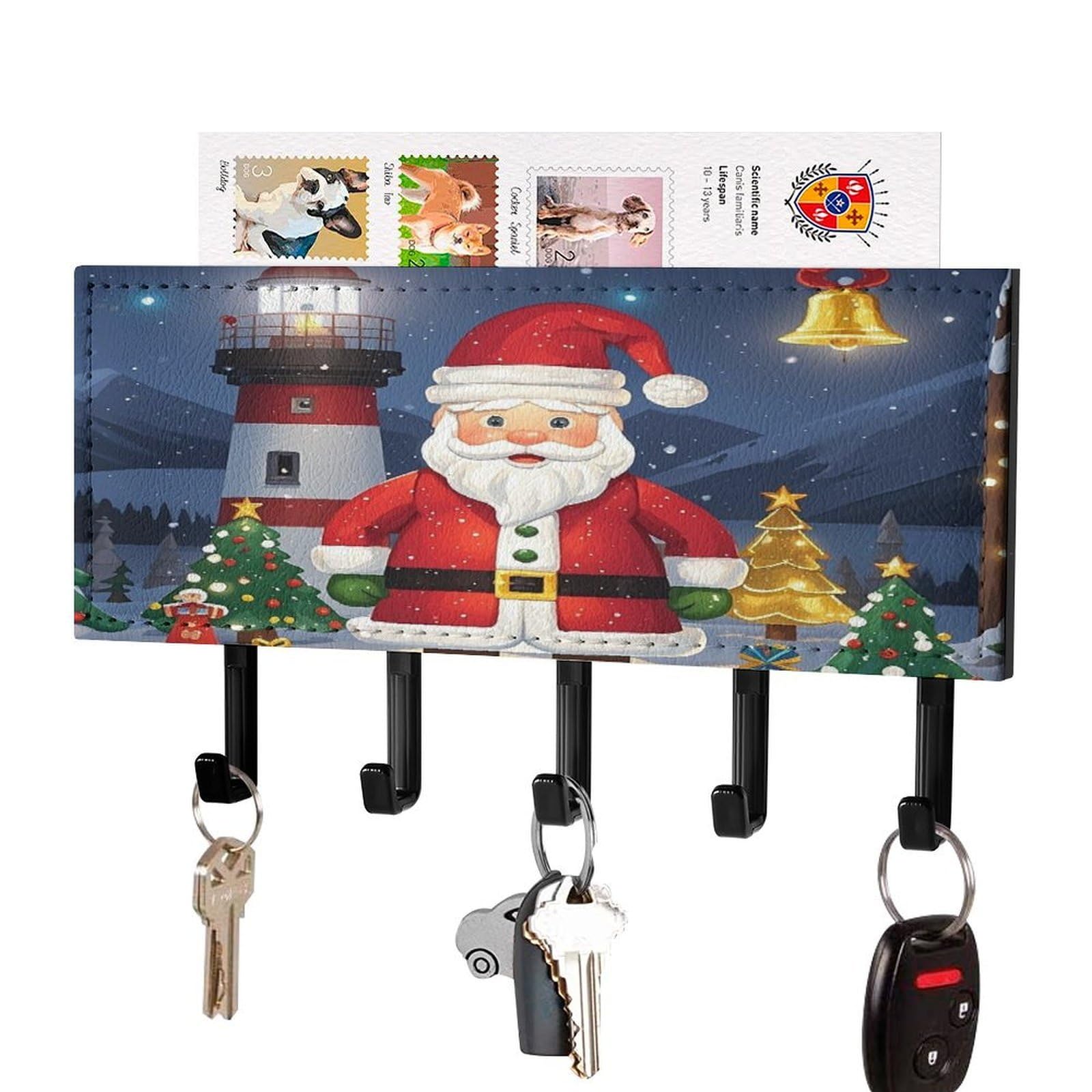 FekiLoot Lighthouse Santa Key Holder for Wall Decorative Mail Organizer with 5 Key Hook Self Adhesive Key Rack with Tray Coat Rack Wall Mount Key Hanger Decor for Entryway Door