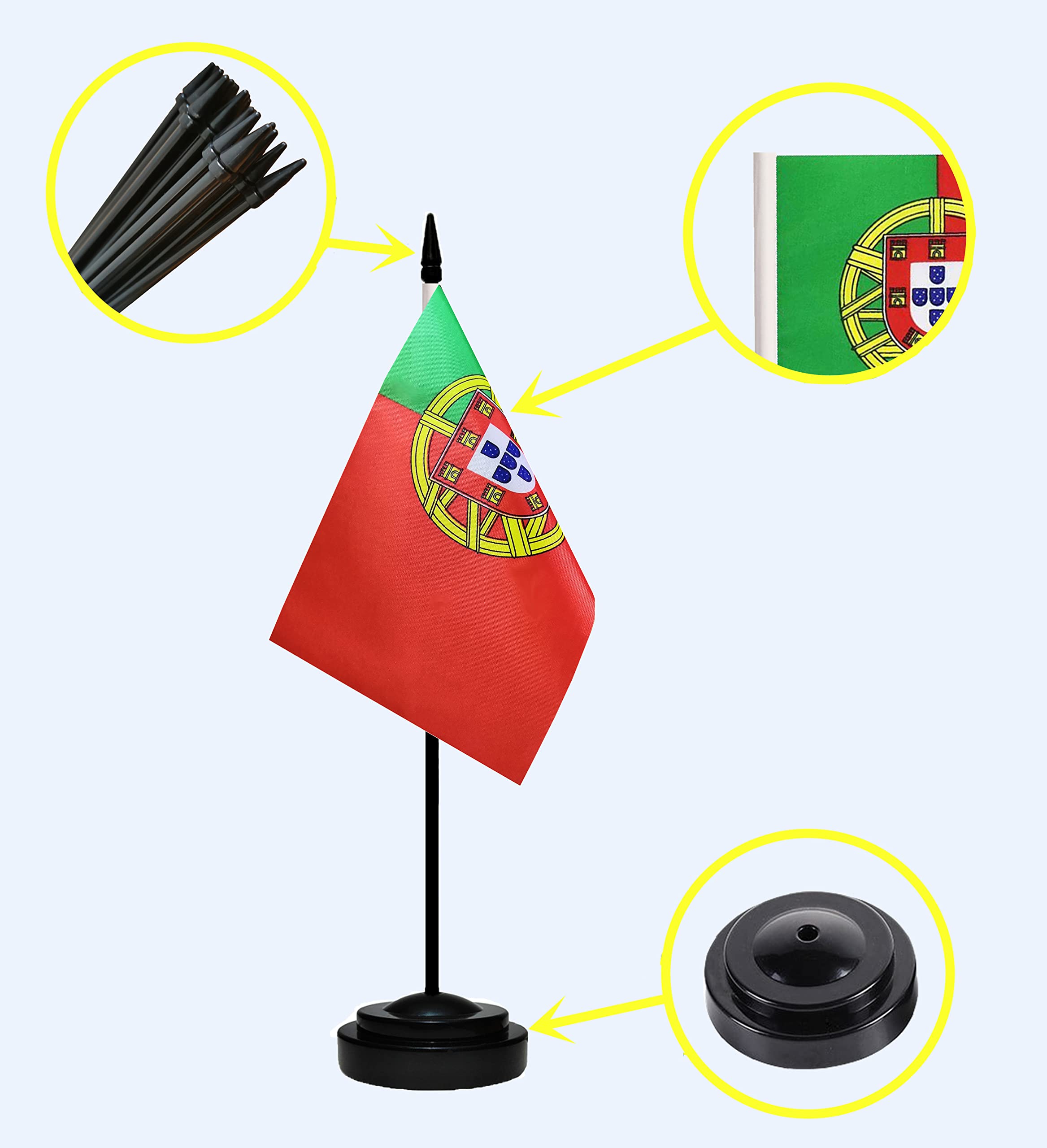 Lot de 2 drapeaux de bureau portugais de luxe avec mât solide, base noire et dessus en lance