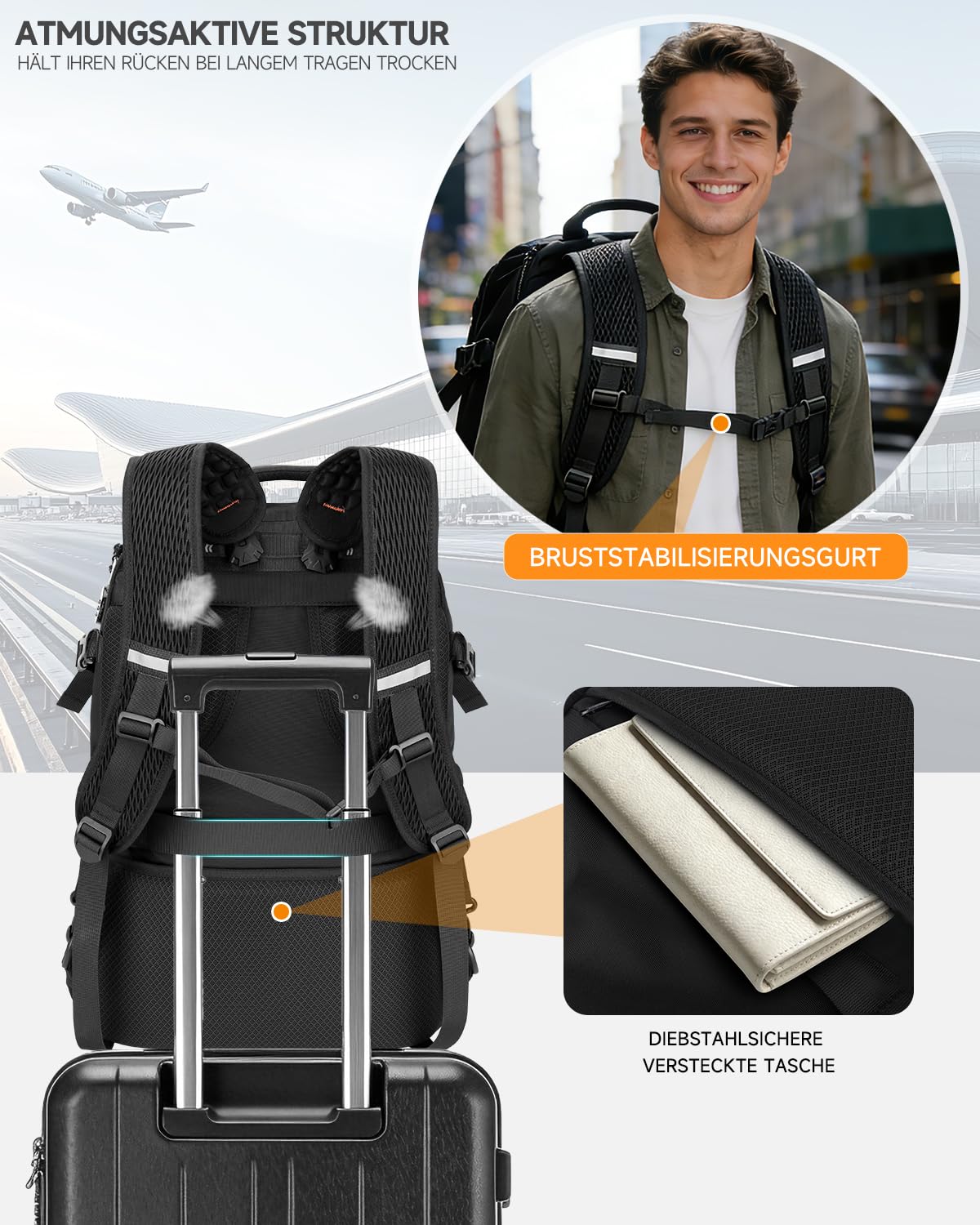 Rucksack herren Set Handgepäck Rucksack mit abnehmbarer Tasche, 2-in-1 rucksack handgepäck flugzeug mit 17 Zoll Laptopfach, verstellbare Gurte für Business & Urlaub Schwarz