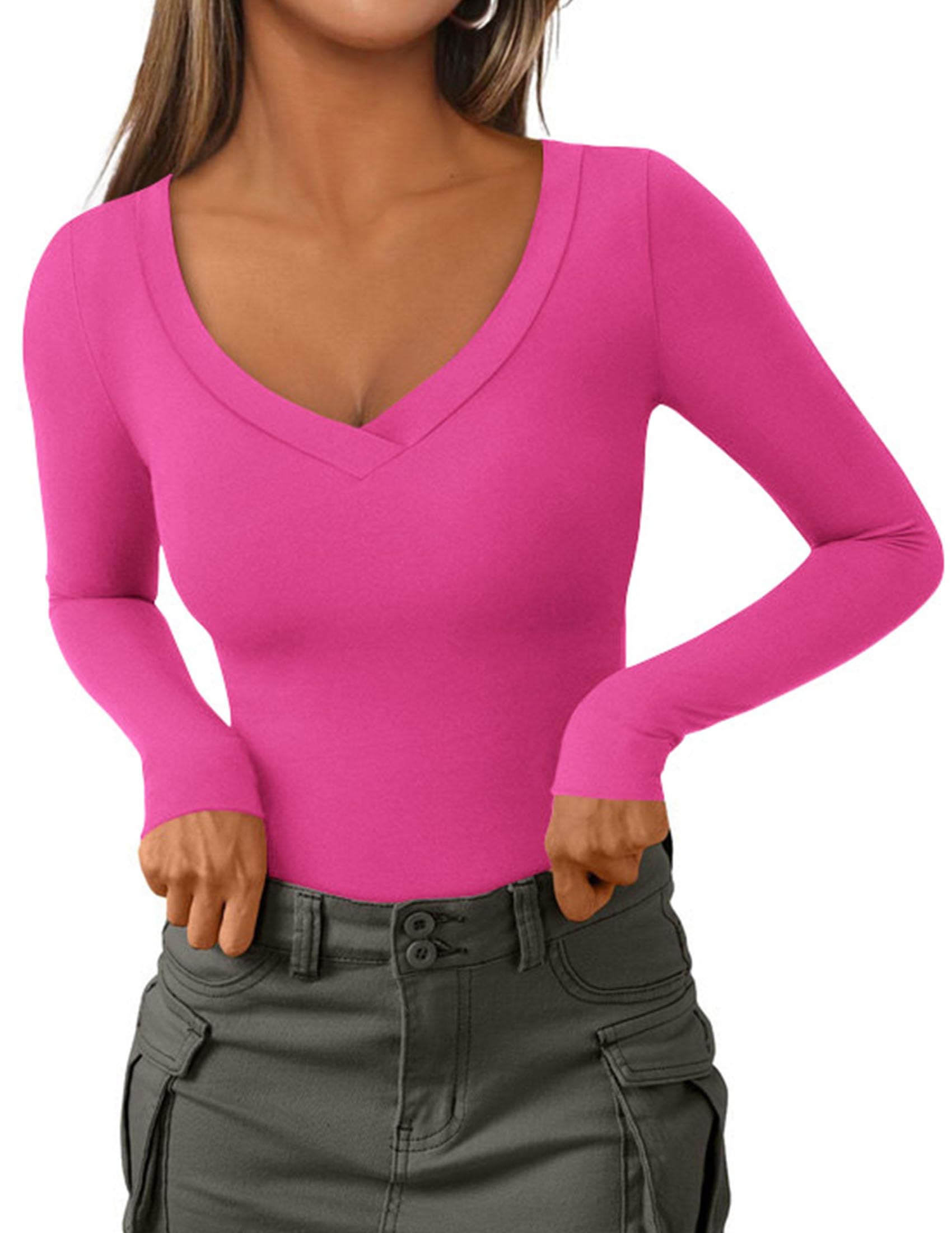 PRETTYGARDEN Long Sleeve Shirts for Women 2026 Fall Fashion V Neck Going Out Tops Slim Fit Basic Tees Y2K Clothes