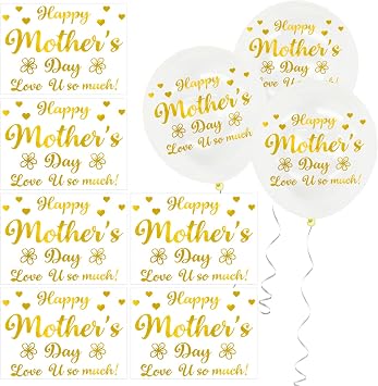 QDTK Happy Mothers Day Balloon Stickers Gold Mothers Day Bobo Balloon Decorations Flower Heart Letter Decals for Moms Day Balloon Gift DIY Party Supplies 6Pcs