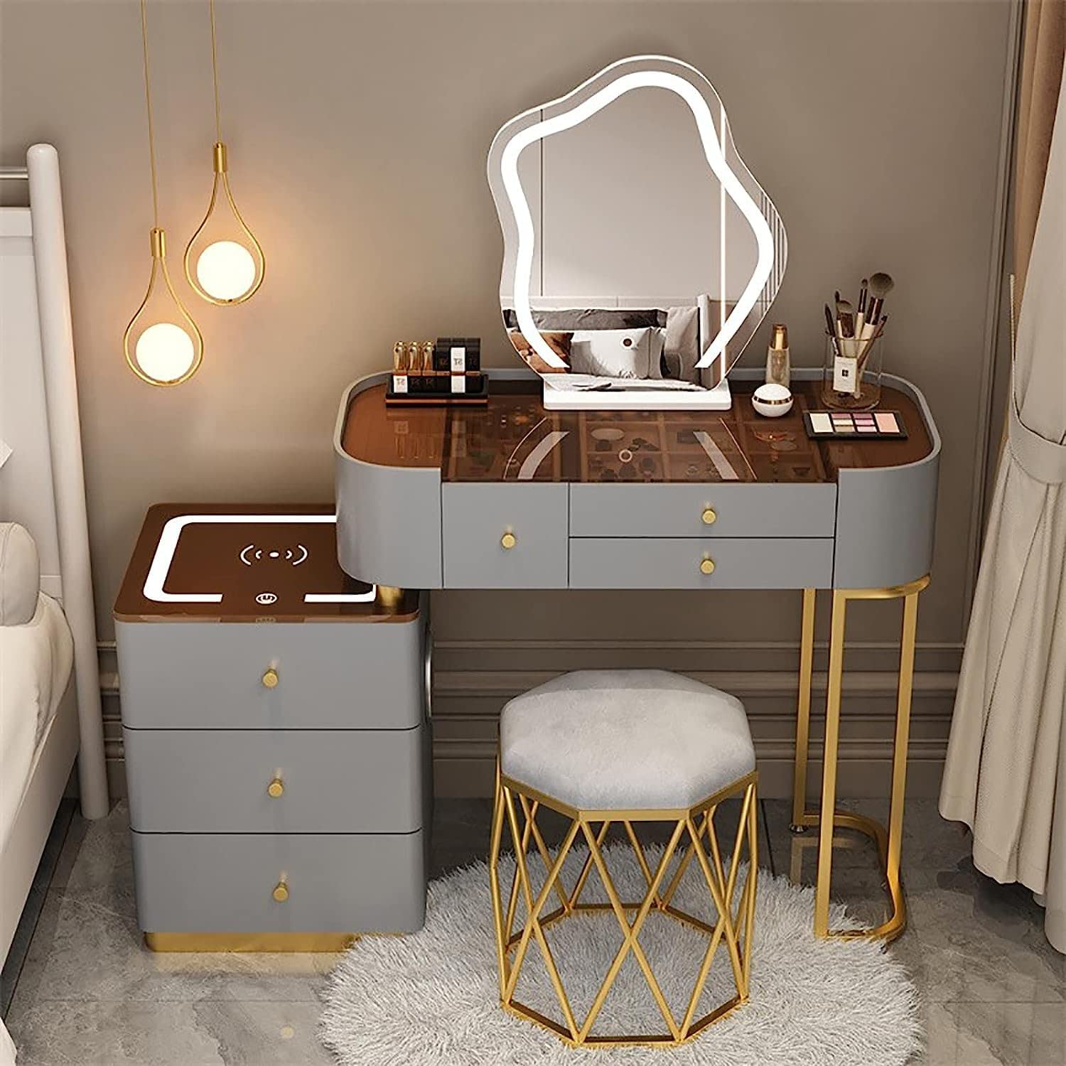 Makeup Vanity Table Set with Charging Station Makeup Mirror, Large Vanity Desk Makeup Vanity with 3-Color Adjustable Touch Light, Bluetooth Speaker, Cushioned Stool-Gray B+stool||L:80cm/31.5"