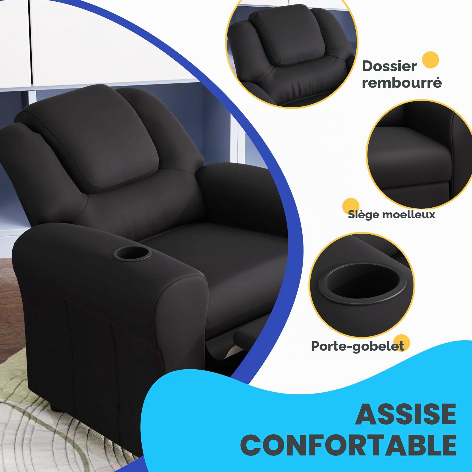 HOMCOM Fauteuil de Repos pour Enfants, Fauteuil pour Enfants en Cuir PU, pour, pour Jeunes avec Dossier réglable, Repose-Pieds, Appui-tête rembourré, Porte-gobelet,