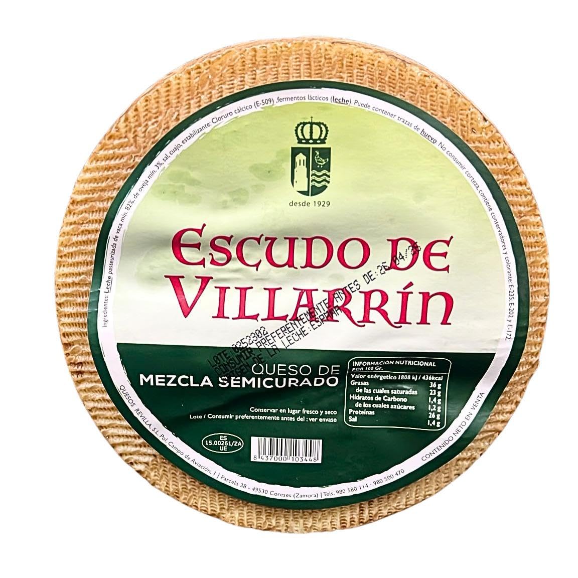 Queso de Mezcla Semicurado Escudo de Villarrín – Leche de Vaca y Oveja Pasteurizada – Pieza Entera ~3 kg – Sabor Suave y Textura Firme Ideal para Tabla de Quesos, Tapas Gourmet y Regalo