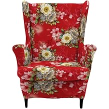 HAOYONG 2 Piece Wingback Chair Covers Stretch Wing Chair Slipcover Printed Wing Back Chair Covers with Arms Washable Spandex Fabric Armchair Cover Protection Furniture for Living Room and Bedroom