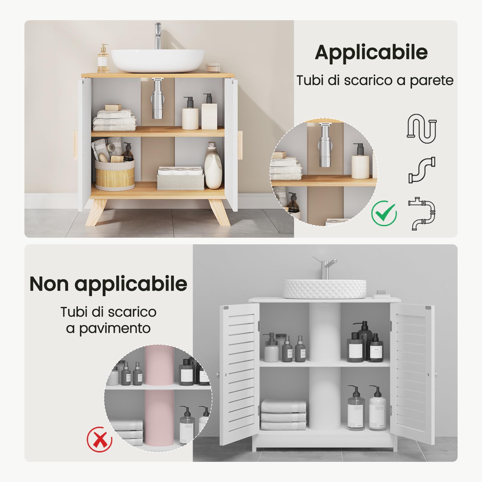 EUGAD Mobile Sottolavabo per Bagno Sottolavello Armadietto sotto Lavandino con Due Ante in Legno, 30 x 60 x 60 cm