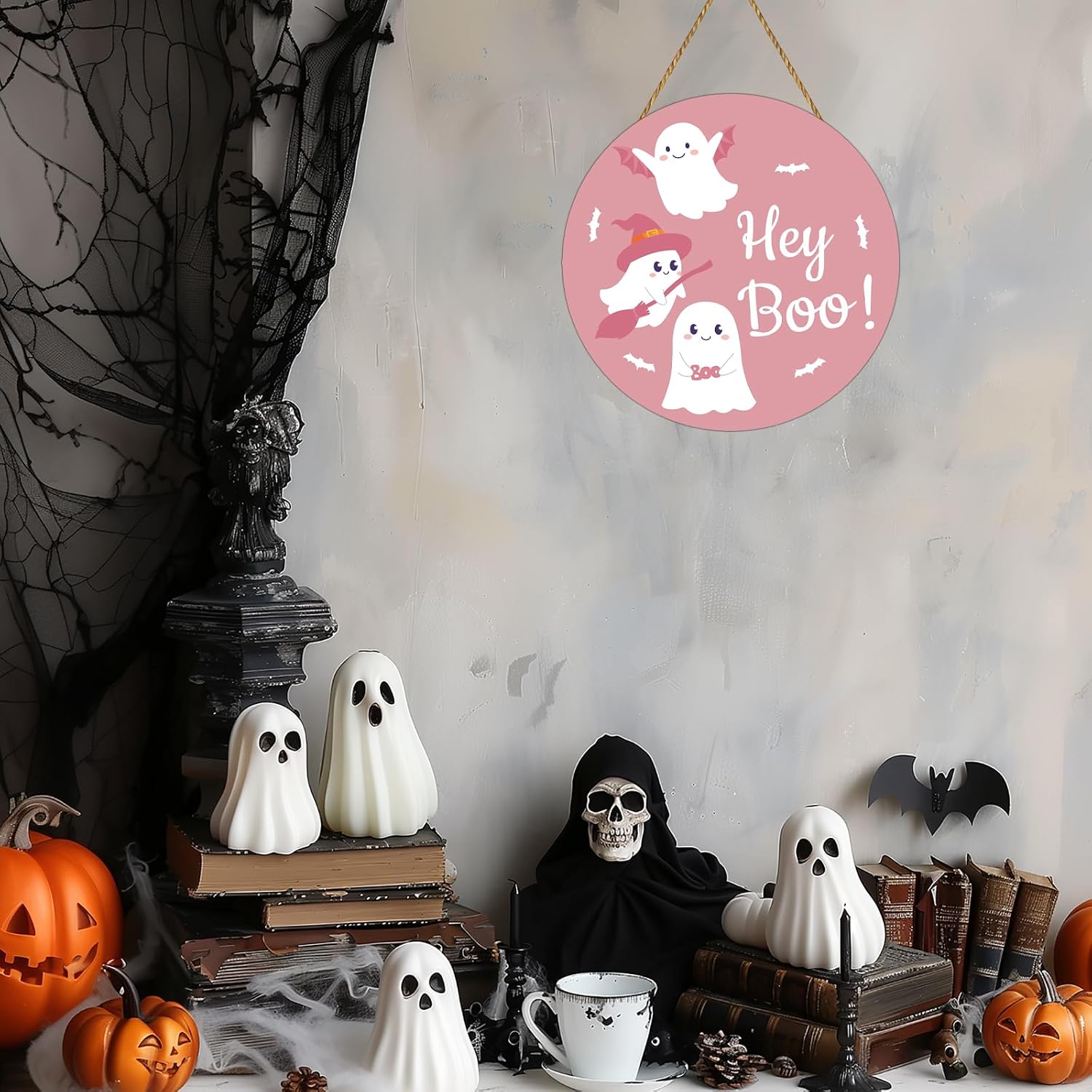 Pink Halloween Decor Halloween Door Decorations Pink Cute Ghost Decor Wreath Hey Boo Sign Wooden Front Door Hanger Bat Ghost Hanging Sign Wreath for Wall Indoor Home