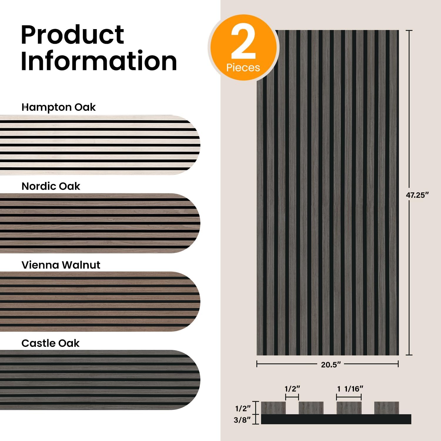 2 Pack Wood Slat Acoustic Panels - 47.25" x 20.5" - 3D Fluted Sound Absorbing Wall Panels with Wood Finish - Noise Reduction & Modern Design Castle Oak
