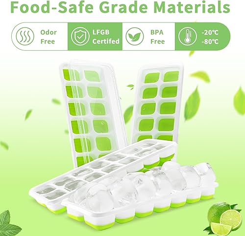 Miniatura 3 de Bandeja para cubitos de hielo, 4 bandejas de silicona de fácil liberación para 14 cubitos de hielo para congelador con tapa extraíble resistente a