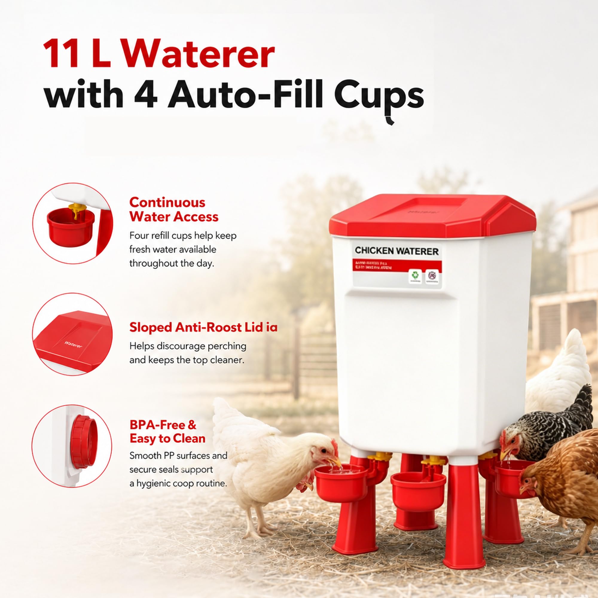Futterautomat Hühner und Hühnertränke,12 kg/11 L | Wassertränke Hühner mit 4 Bechern und 3 Futteröffnungen,Geflügeltränke für Hennen Enten Geflügel,Hühnerzubehör