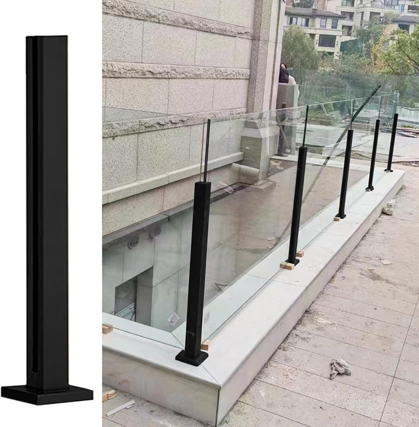 Heavy Duty Black Glass Railing Post System for Balcony, Garden, Deck & Patio - 47.2in Tall Outdoor Balustrade Guardrail & Handrail, Durable Fence Pole