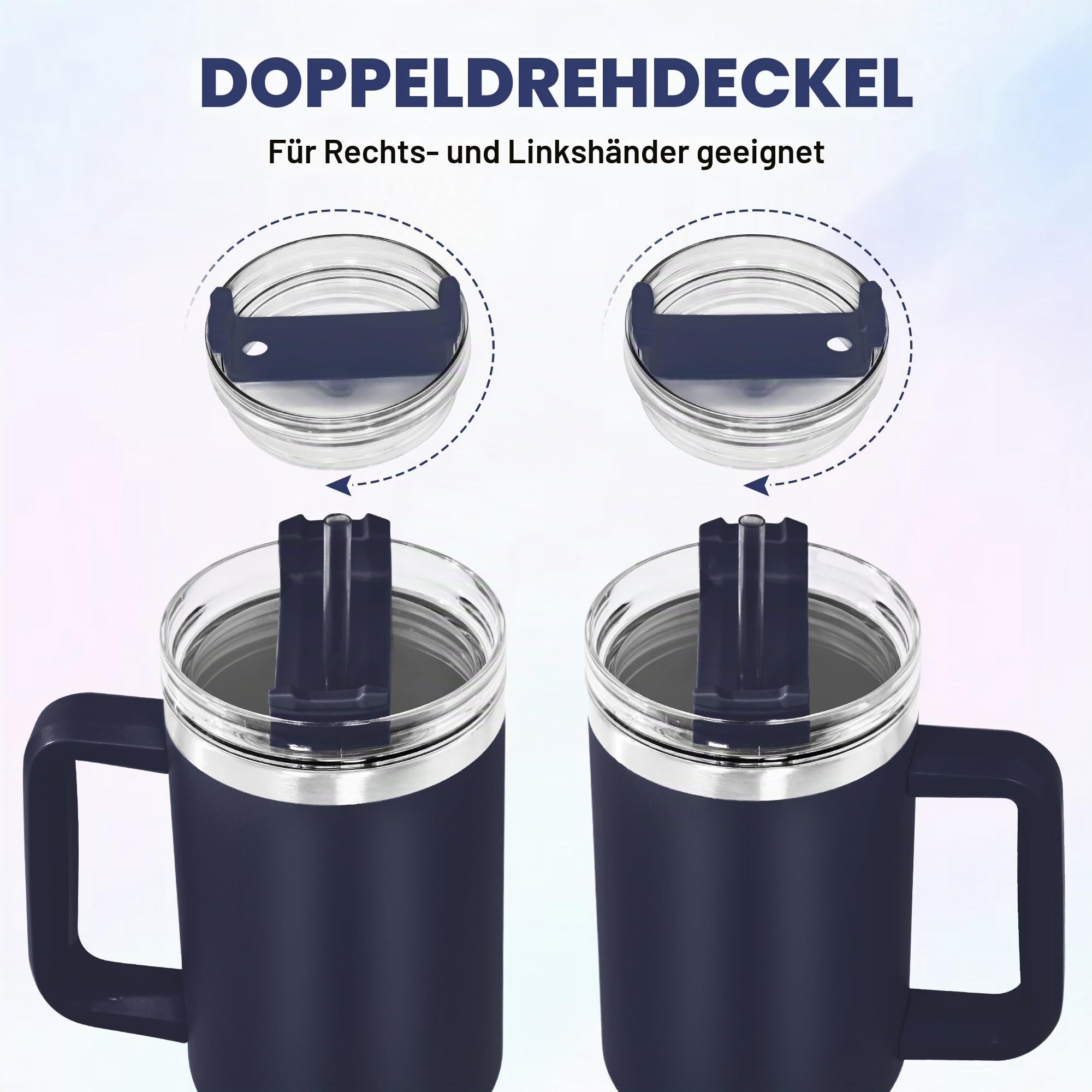 Thermobecher mit Henkel und 2 Strohhalm-Deckeln 1,2L, Marineblau