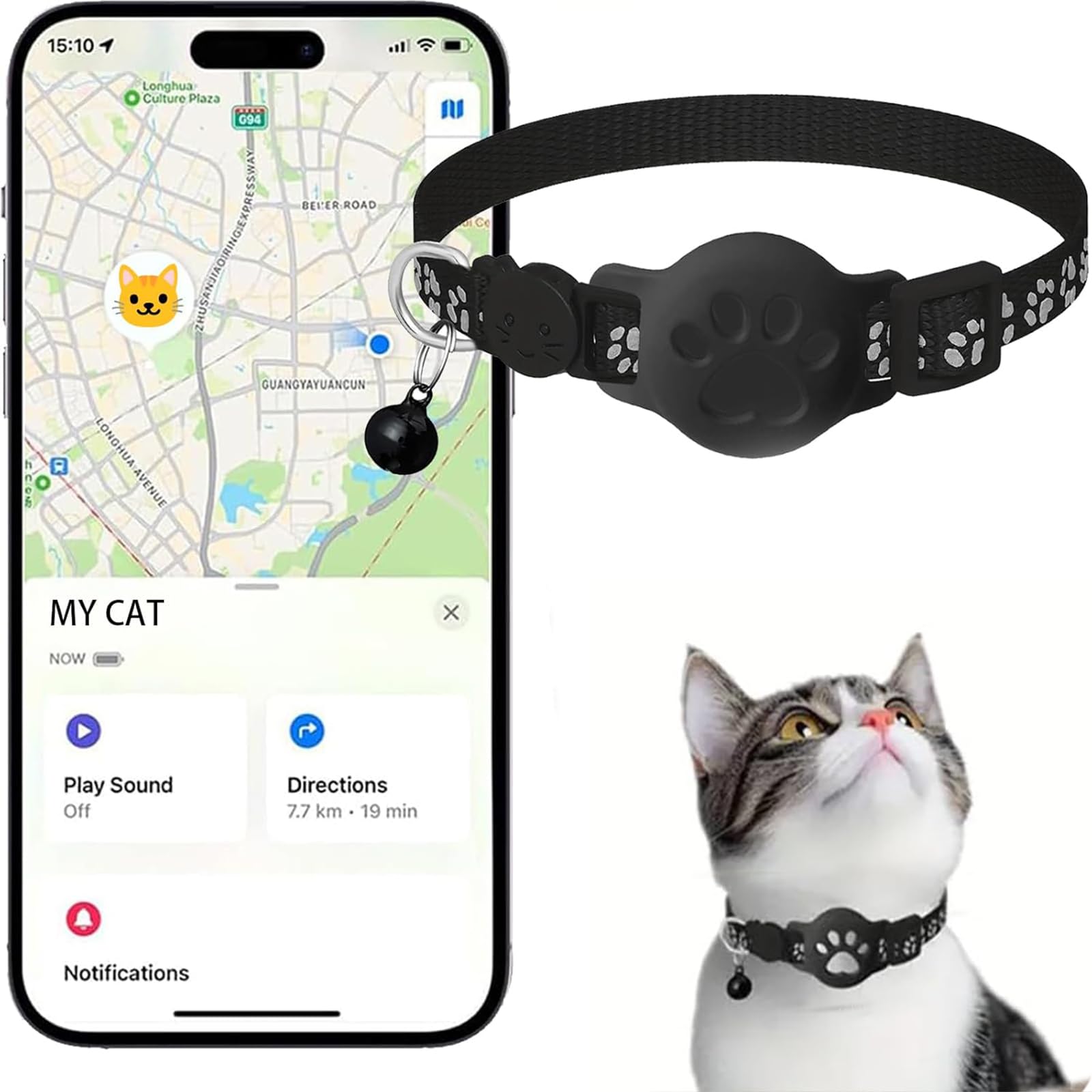 ZVD Collar GPS para Gatos, Sin Cuotas Mensuales, Inteligente, Compatible con El Sistema De Seguimiento Find My De Apple (Solo iOS), No Requiere Tarjeta Sim (Collar + Rastreador) (1PC)