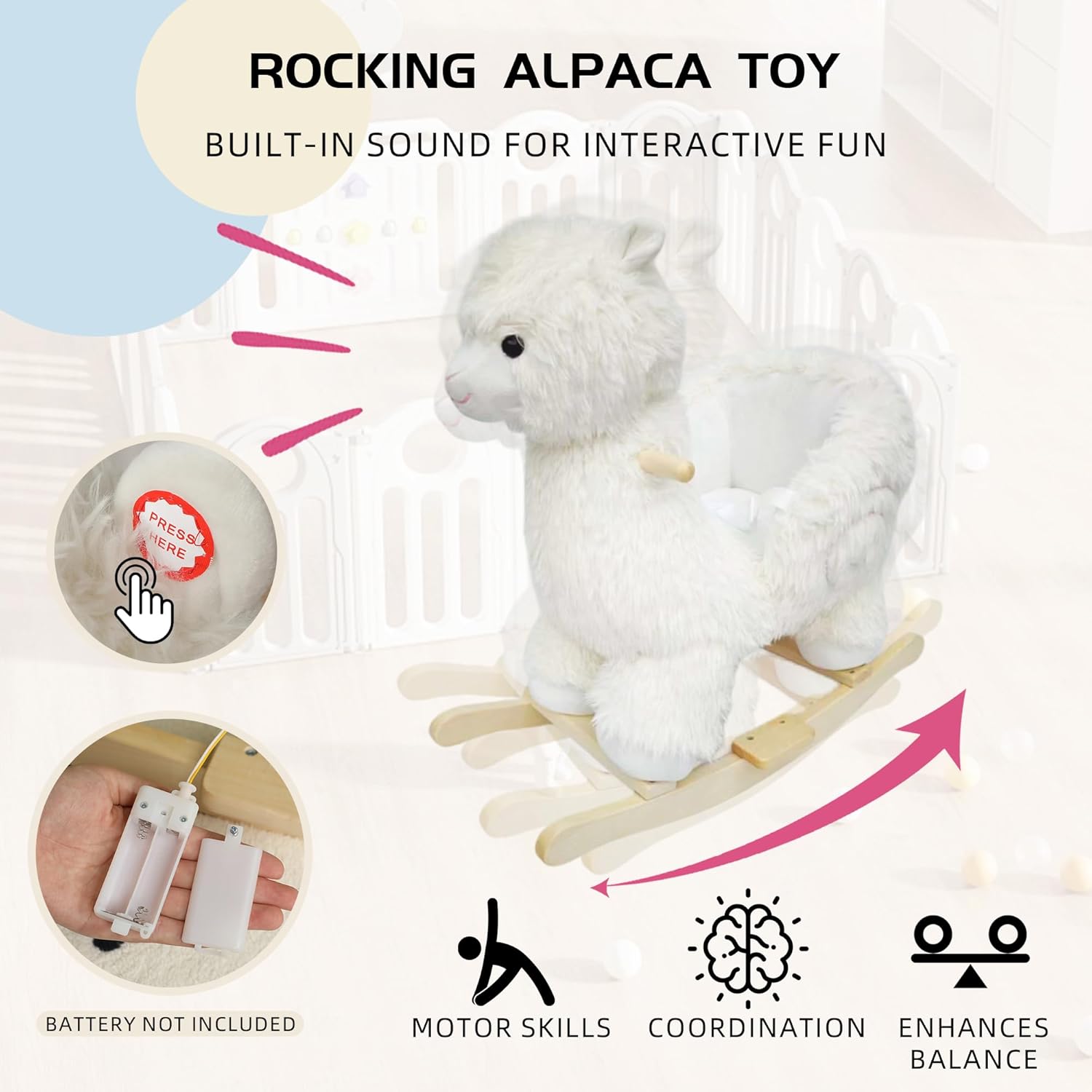 Alpaca Baby Rocking Horse for Toddlers 1 Years to 3 Years, Stuffed Plush Ride-on Rocking Animal with Realistic Sound and Music, Wooden Rocking Horse with Seat, Cream Alpaca, CPC Certified