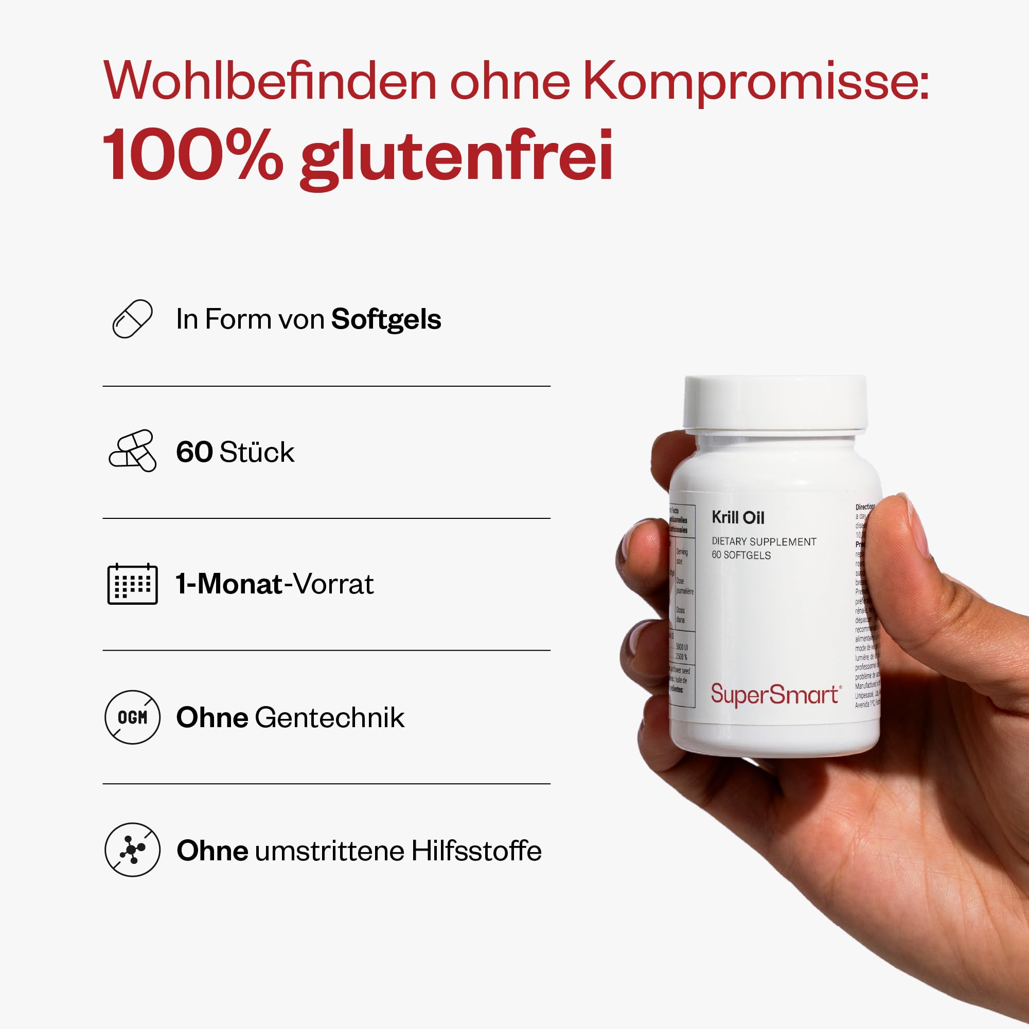 Krillöl- Fördert einen normalen Blutdruck - Natürlich reich an Omega 3 (EPA und DHA), Antioxidantien und Phospholipiden - Supersmart