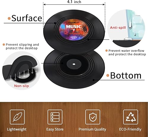 Miniatura 3 de Divertidos posavasos retro para bebidas con soporte para reproductor de vinilo para amantes de la música, juego de 6 posavasos de conversación con