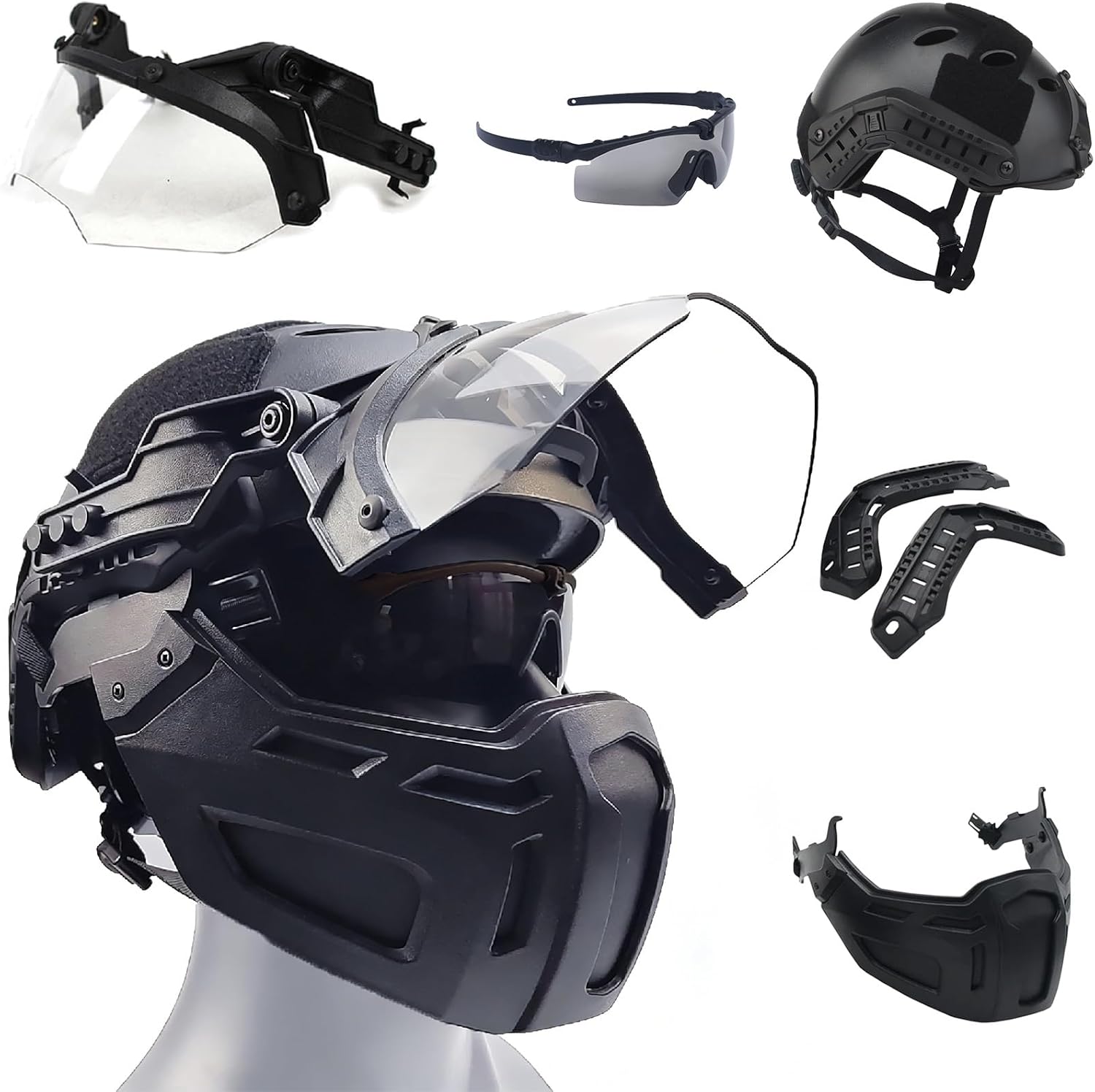 Tactical Airsoft Helmet Set with Goggles & 90° Adjustable Visor Full-Wrap Paintball Protection for Outdoor BB Battles