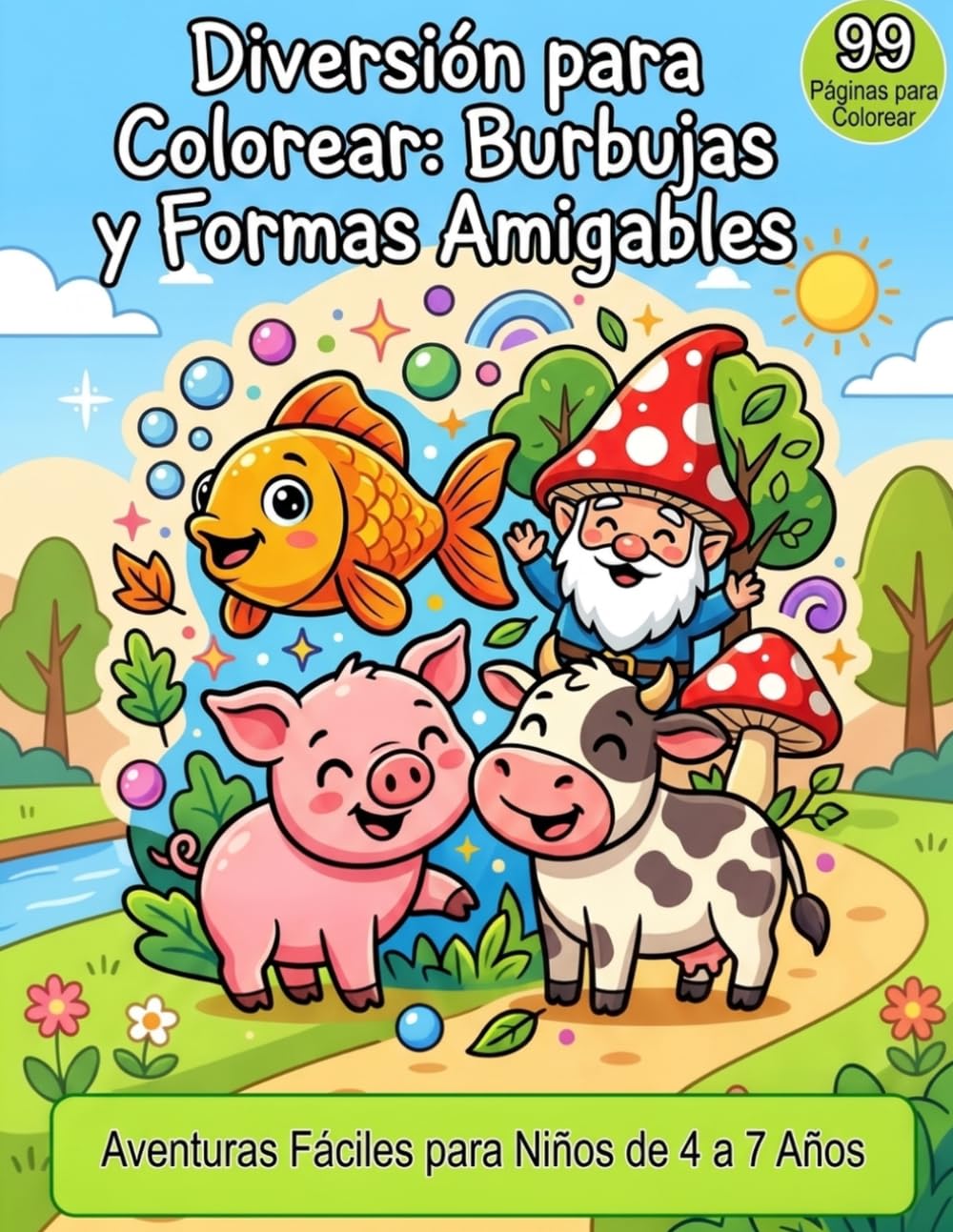 Diversión para Colorear: Burbujas y Figuras Amigables 99 Páginas Fáciles y Divertidas: Formas Simples y Criaturas Adorables para Niños de 4 a 7 Años