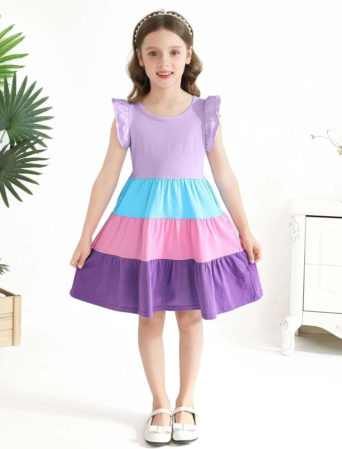Poroka Girls Ruffle Sleeve Dress Tiered Swing A-Line Twirly Skater Midi Casual Dress for Kids with Pockets Summer Fall Winter 5T Lilac image 3 of 6 B0DQDCZ365