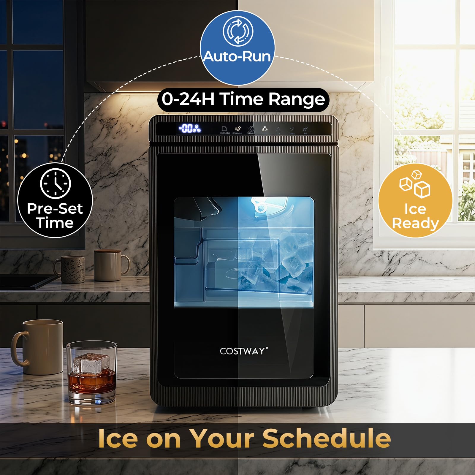 COSTWAY Máquina de Hielo de Sobremesa, 9,7 kg/Día, 3 Cubitos en 20 Minutos | Cubos Extragrandes 4 cm, Maquina de Hacer Hielo, Fusión Lenta y Autolimpieza, Grosor Ajustable para Whisky Cócteles Bourbon