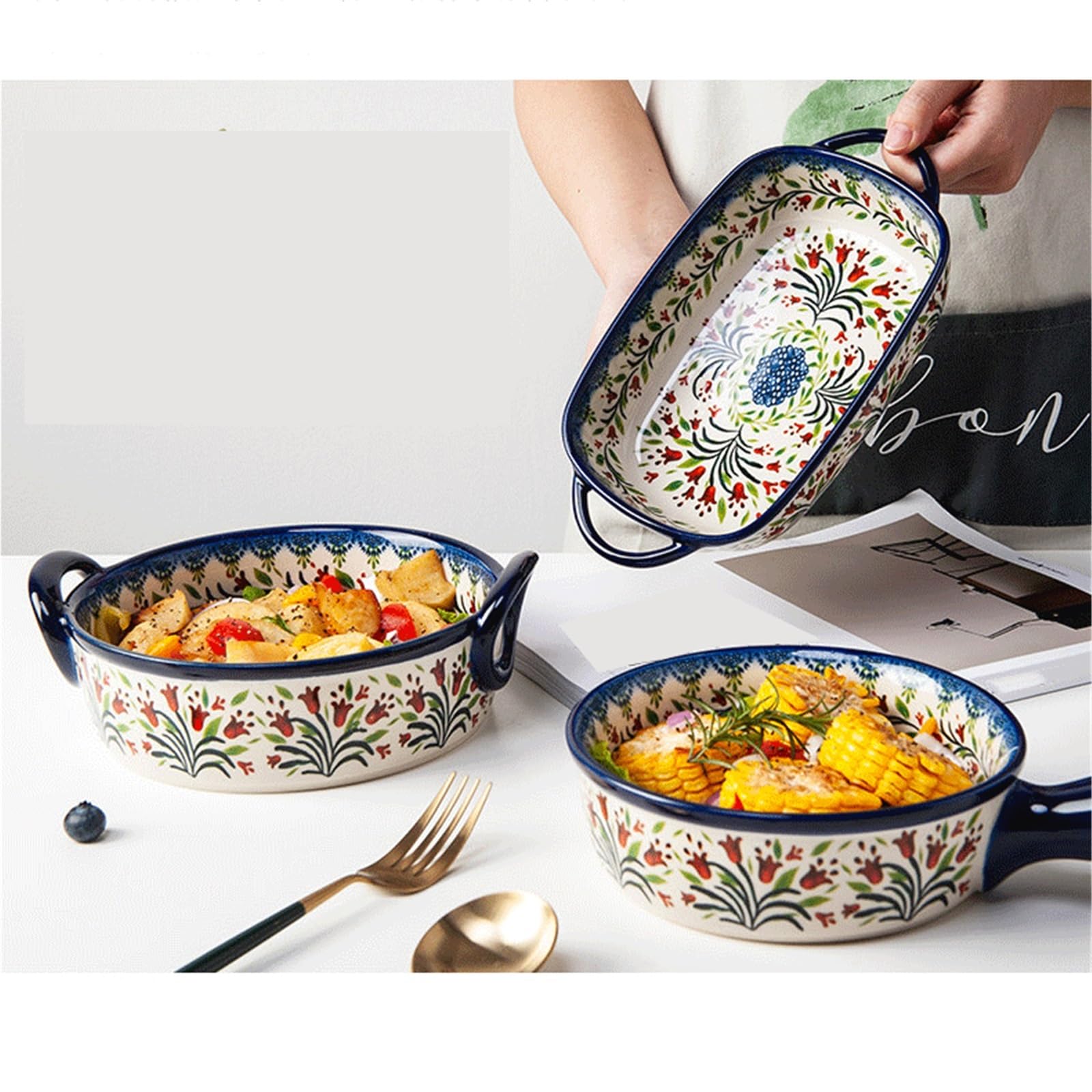 Plat Four Plat de Cuisson rectangulaire en céramique Vintage avec poignées Plat Gratin