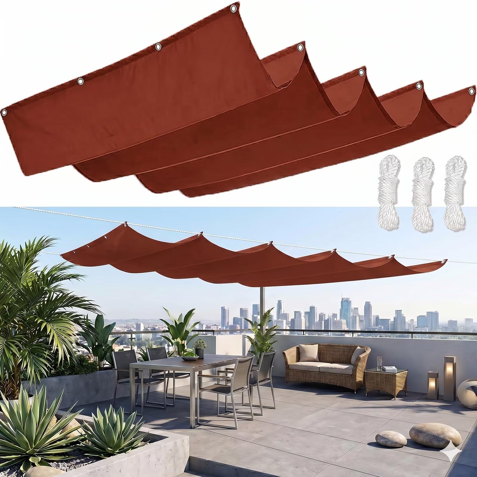 Tenda a Vela Parasole a Onda 400x500cm Tenda da Sole per Esterno Retrattile,Telo Parasole Tessuto Oxford Veranda Giardino Rosso ruggine