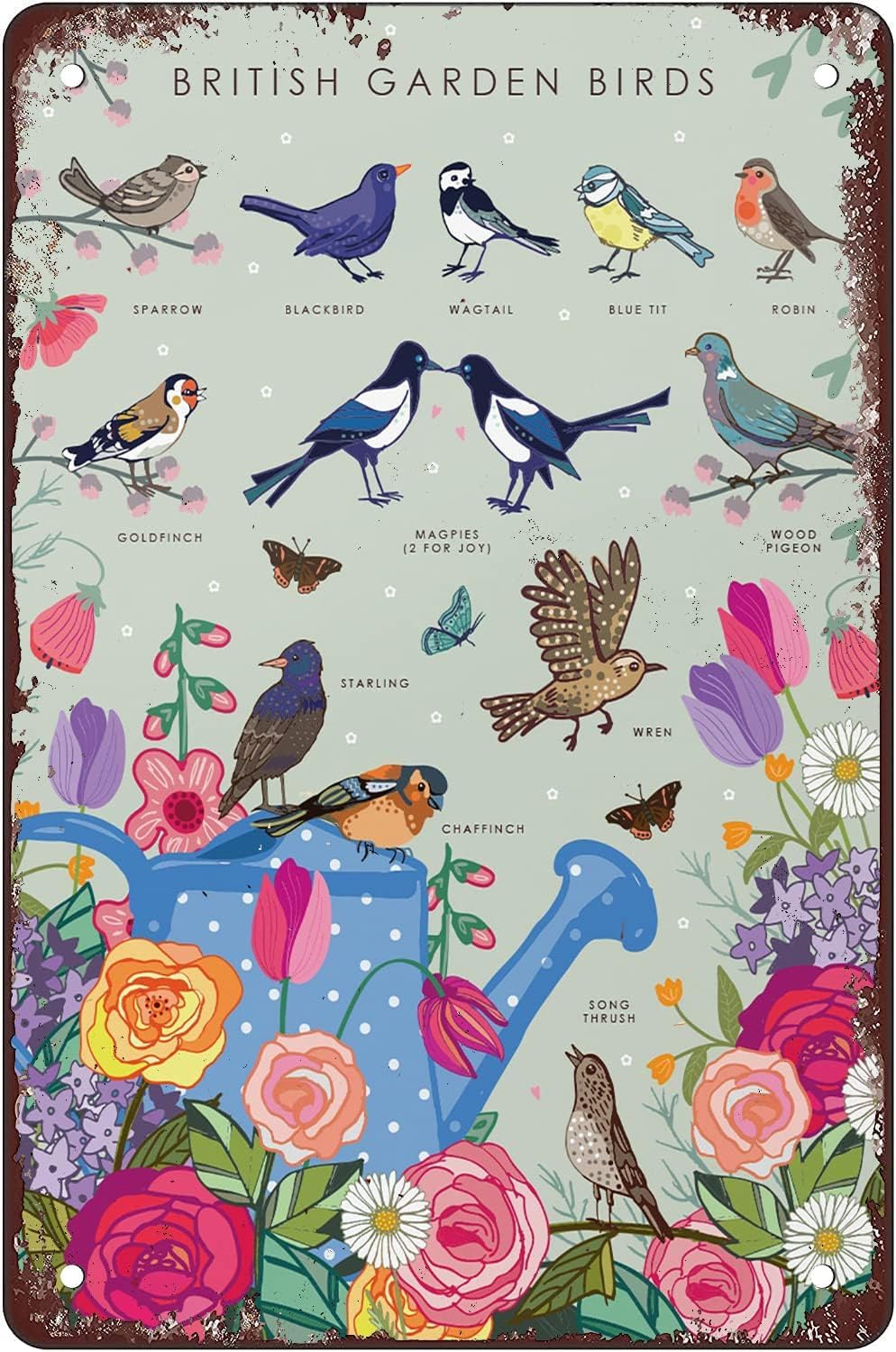 Kisoyo British Garden Birds And Butterflies Tin Sign Vintage Cave Bar Home Wall Decor For Garden Kitchen Garage Bathroom Decor Coffee Bar Home Decor Butterfly Retro Poster Plaque Tin Signs 8X12 Inch