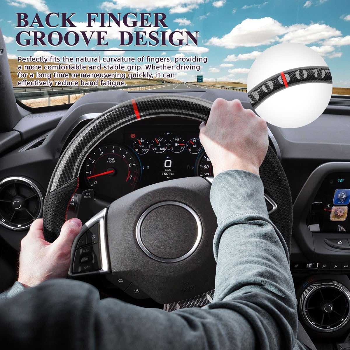 Steering Wheel for Camaro 2015-2024 Hydro Dip Carbon Fiber Steering Wheel with D-shaped Flat-bottom Perforated Leather Grip Hand-Stitched Compatible with Camaro