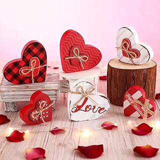 Bucherry 6 Pcs Valentine's Day Decorations Rustic Heart Shaped Wooden Sign Farmhouse Love Wood Block Table Centerpiece Heart Tiered Tray Decor for Valentines Day Wedding Home Table Decor