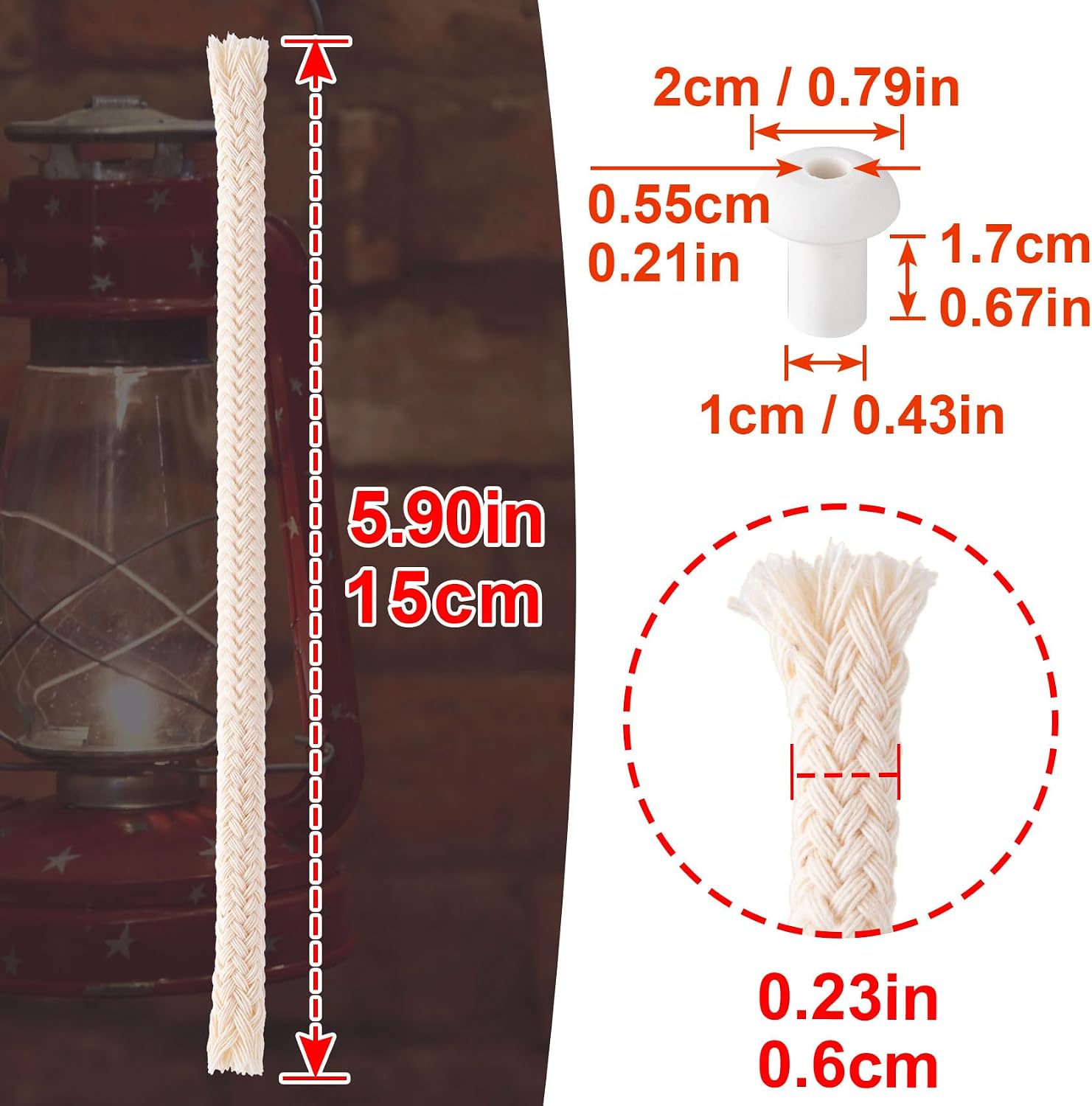 PAGOW 10 Pcs Oil Lamp Wicks with 10 Pcs Holders, 0.23" Round Replacement Braided Cotton Wick for Kerosene Lamp, Oil Lamps, Alcohol Candle Burner, Candle Making (5.9" Long)