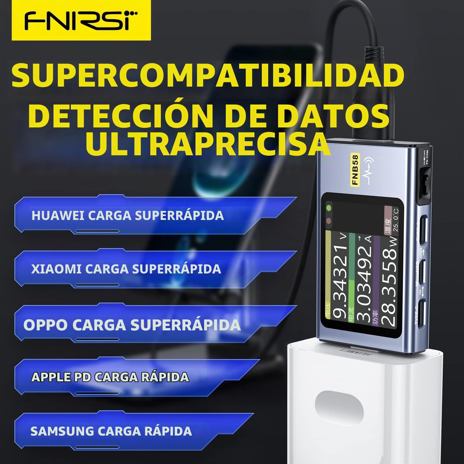 FNIRSI Probador USB 4-28V 7A LCD USB A&C, Multímetro Digital para Medir Voltaje, Corriente, Potencia y Ondulación, Detección Rápida de Carga & Software de Aplicación, Compatible PD2.0/3.0 QC2.0/3.0