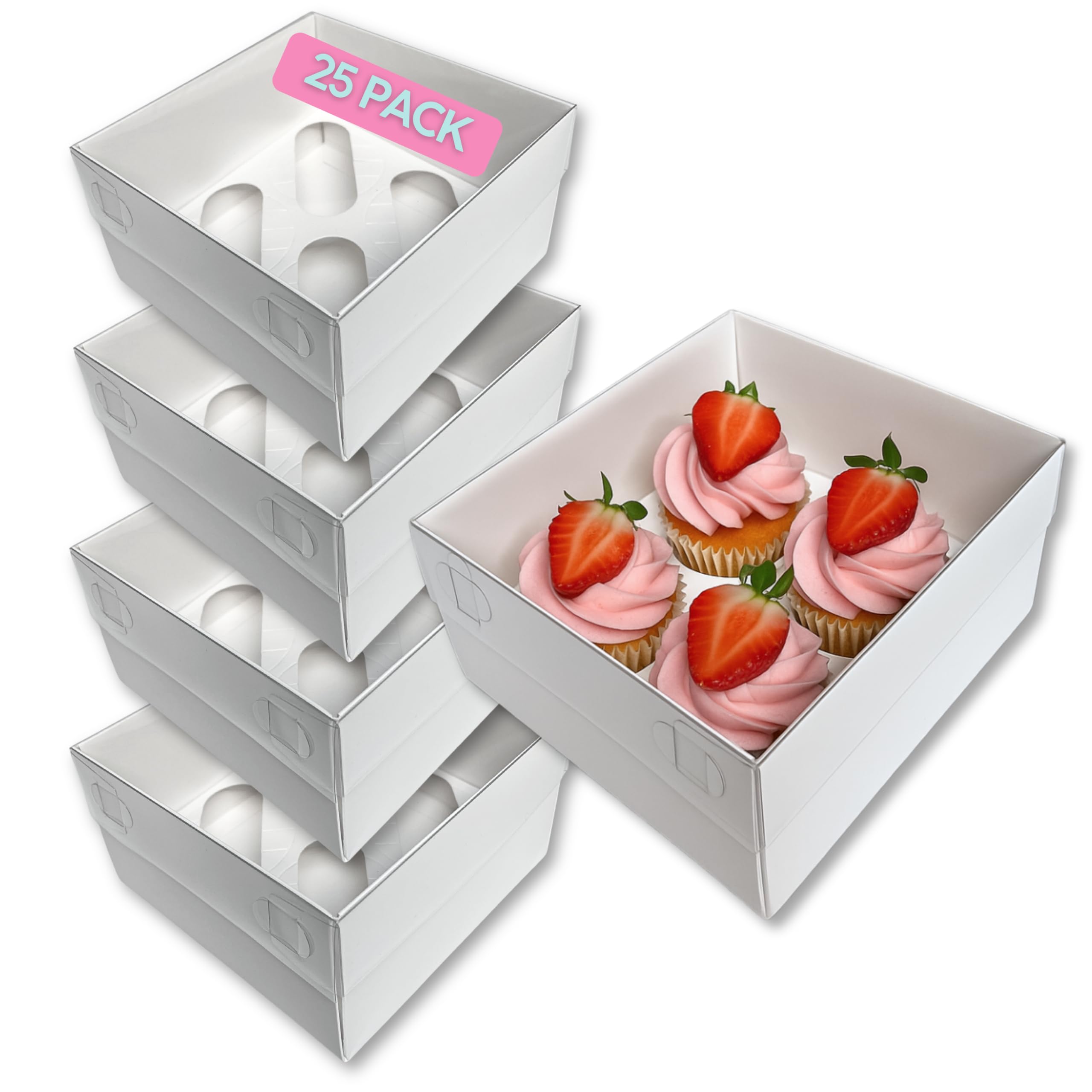 Edible Print Supplies 25 x Extra-Tall Cupcake Boxes With Full Clear Display Lid and Inserts - Plain Matte White (4-Hole)
