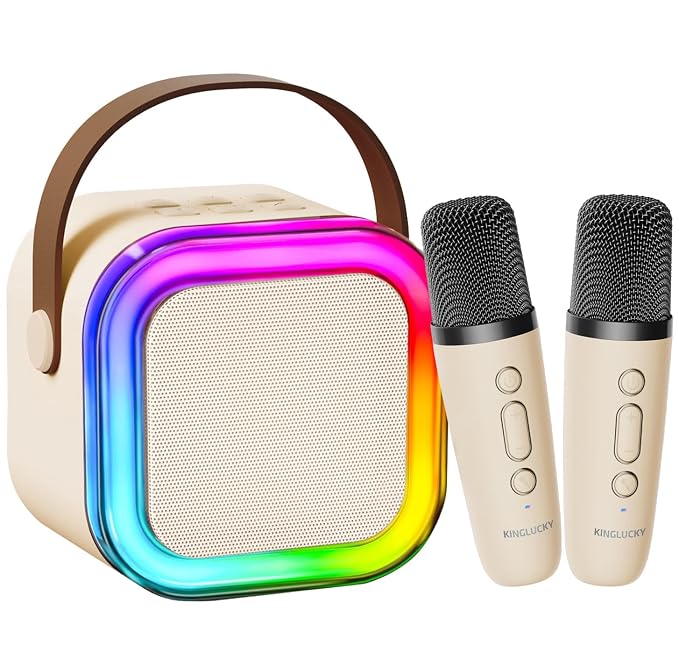 Kinglucky Mini Karaoke Machine for Kids, 2025 TOP Birthday Gifts Ideas for 3-12 Year Old Girls, Christmas Party Gifts Kids' Personal Video Players Accessories with 2 Wireless Microphones - Beige