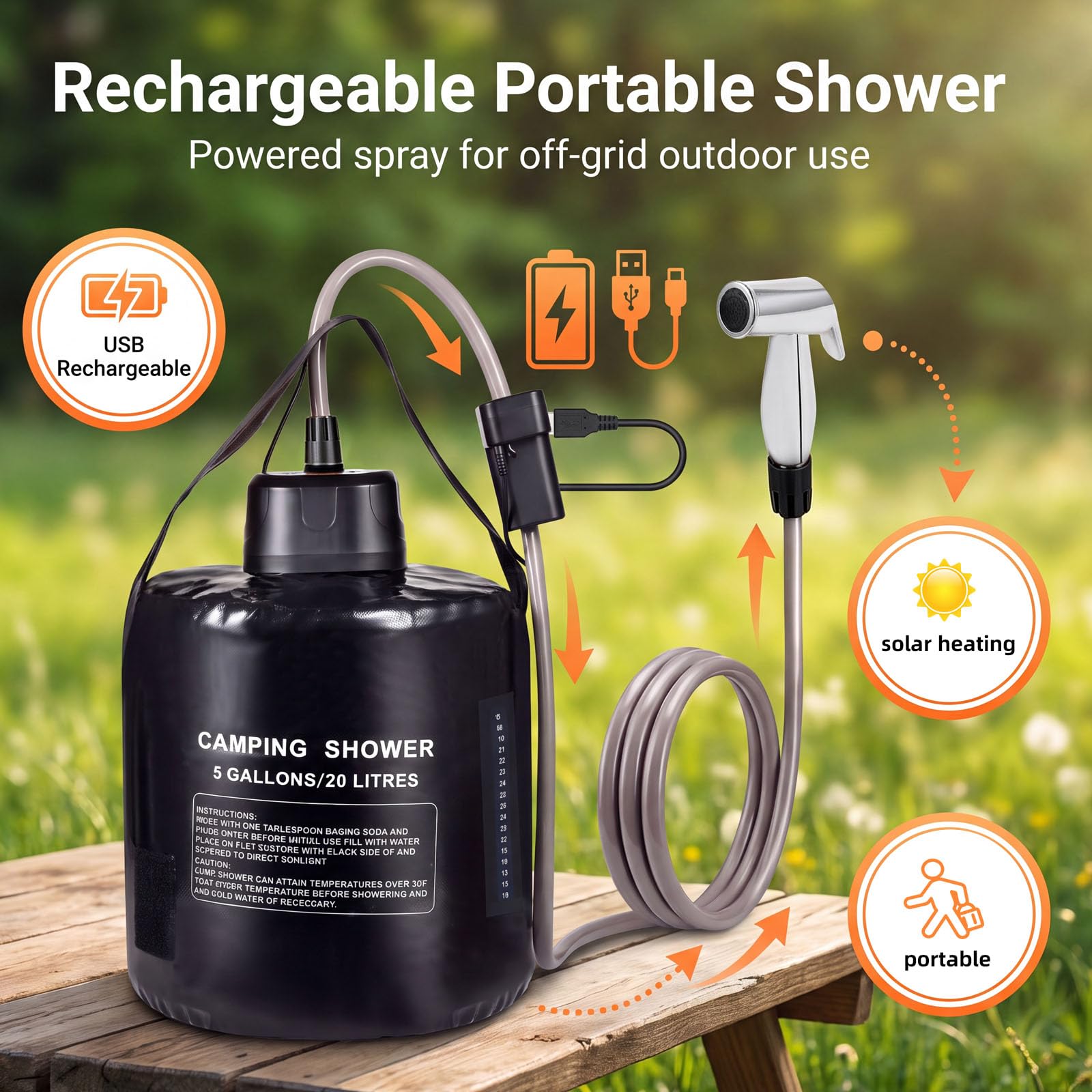 Douche de Camping Portable, Pompe à air Rechargeable de 20 l, Douche de Camping, Chauffage Solaire, airbag de sécurité en PVC Noir, thermomètre, Convient pour la Plage, Le Camping, la