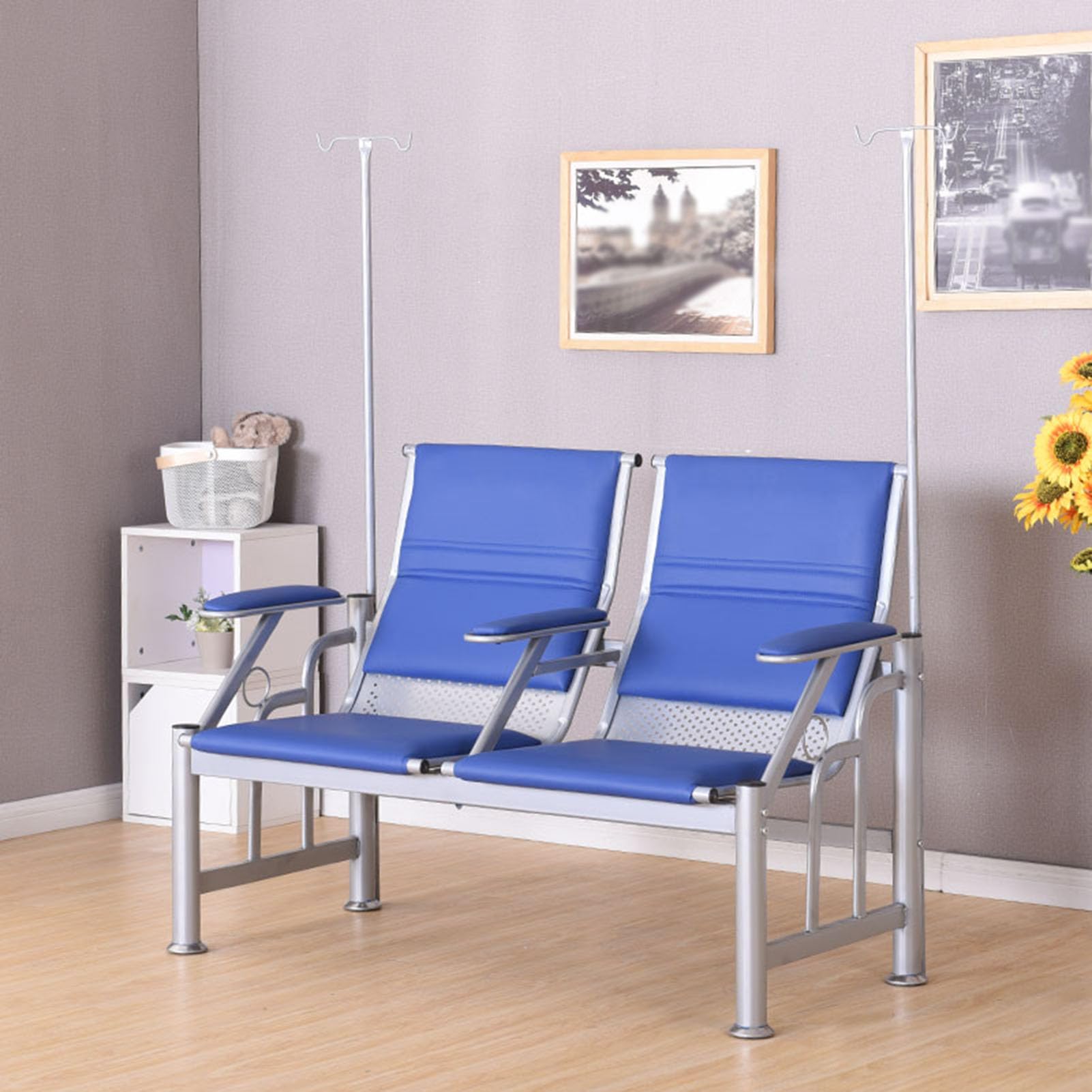 2-Sitzer Empfangsstuhl mit verstellbarer Armlehne, Stahlrahmen Infusion Phlebotomiestuhl für Wartezimmer, Labor