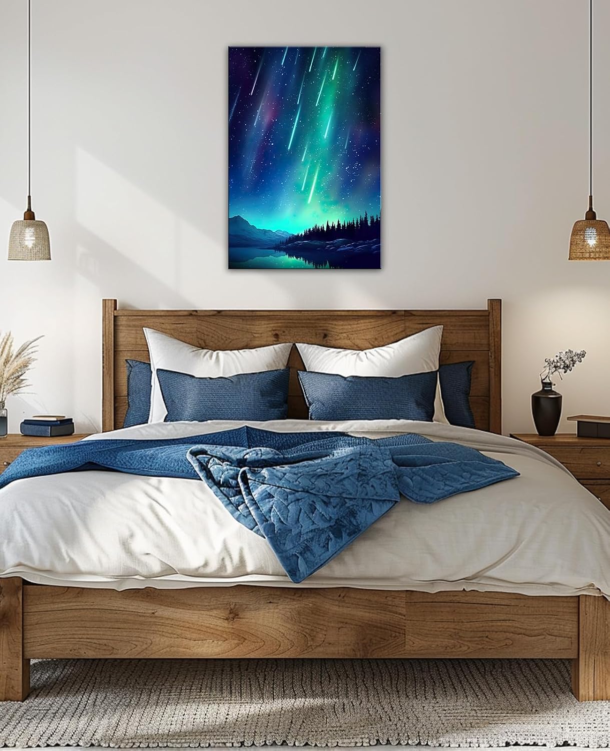 GLOKAKA Colorful Shooting Stars Wall Art Northern Lights Aurora Landscape Canvas Print Forest Starry Sky Paintings Nature Artwork for Living Room Bedroom(Artwork-2,12"x18")